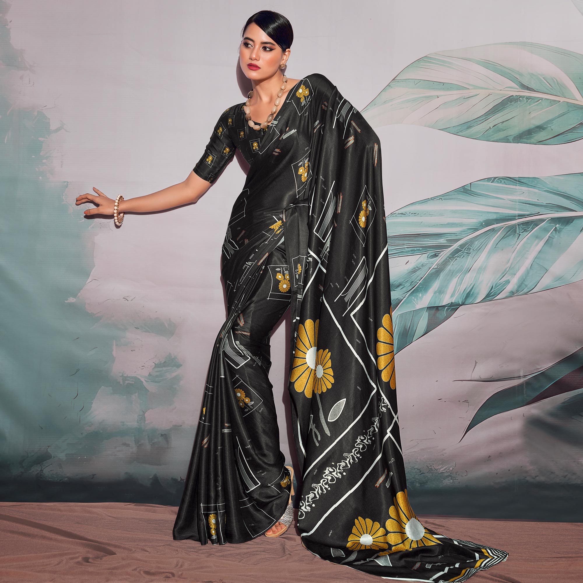 Black Digital Printed Satin Saree