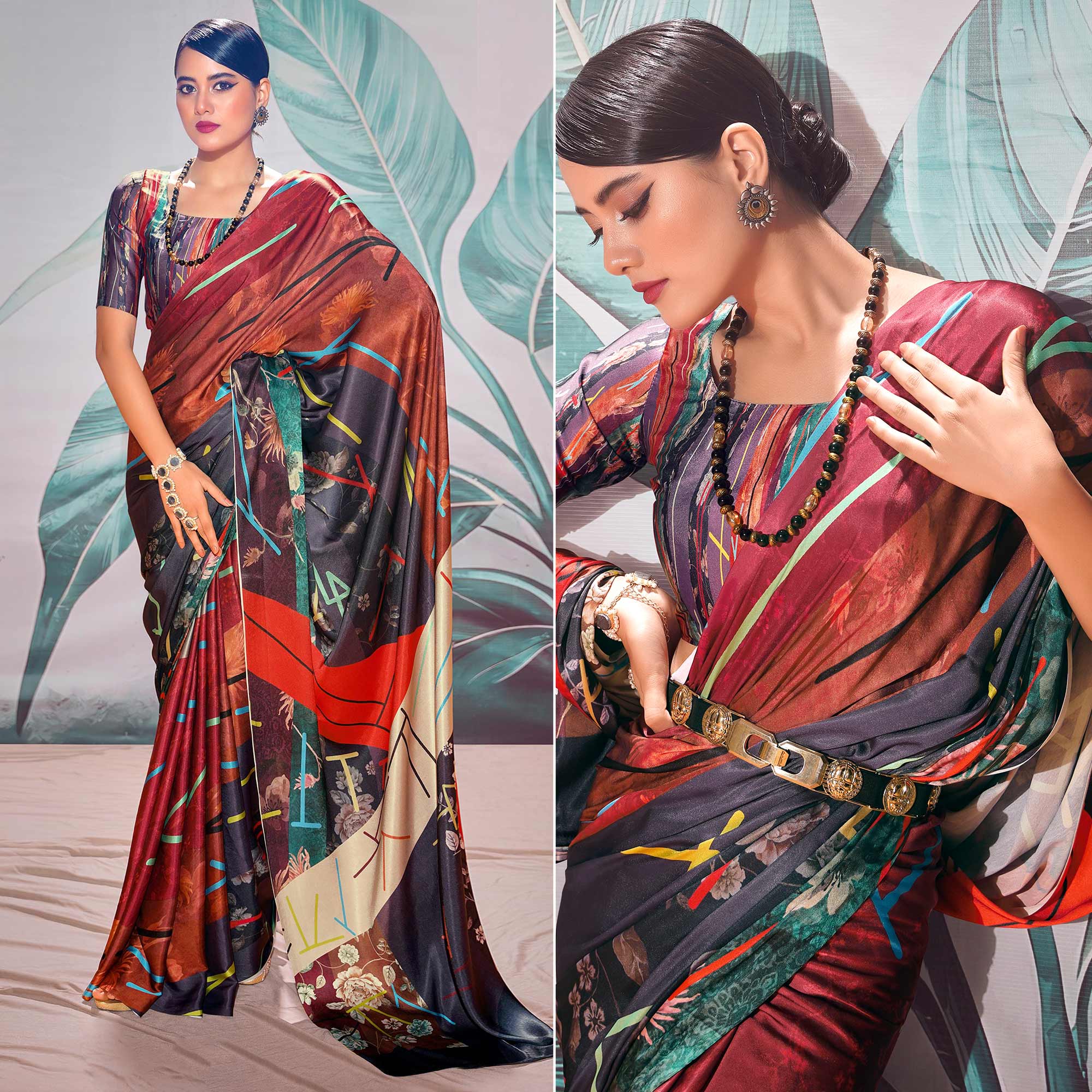 Multicolor Digital Printed Satin Saree