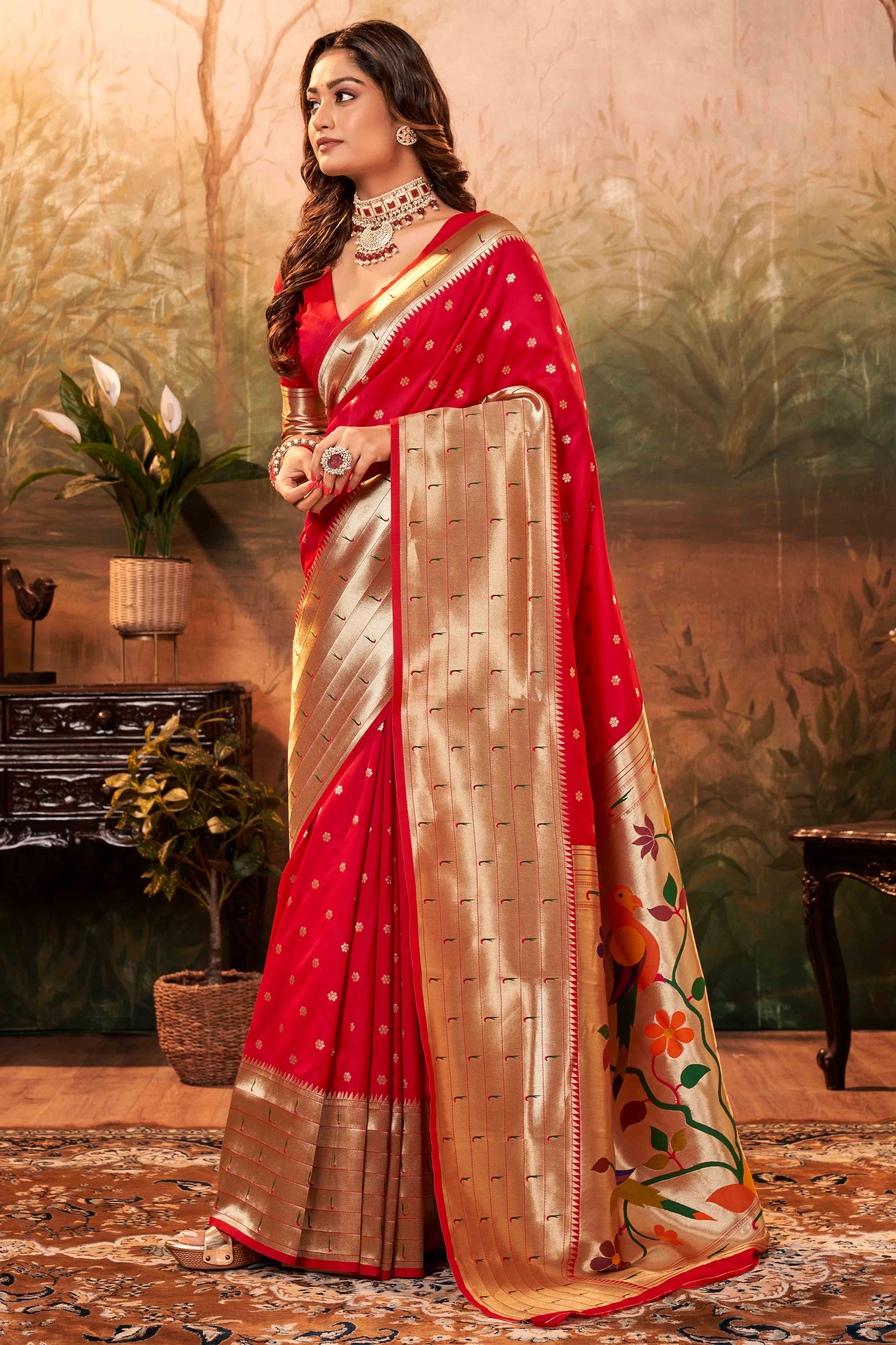 Cherry Red Zari Weaving Pure Silk Paithani Saree