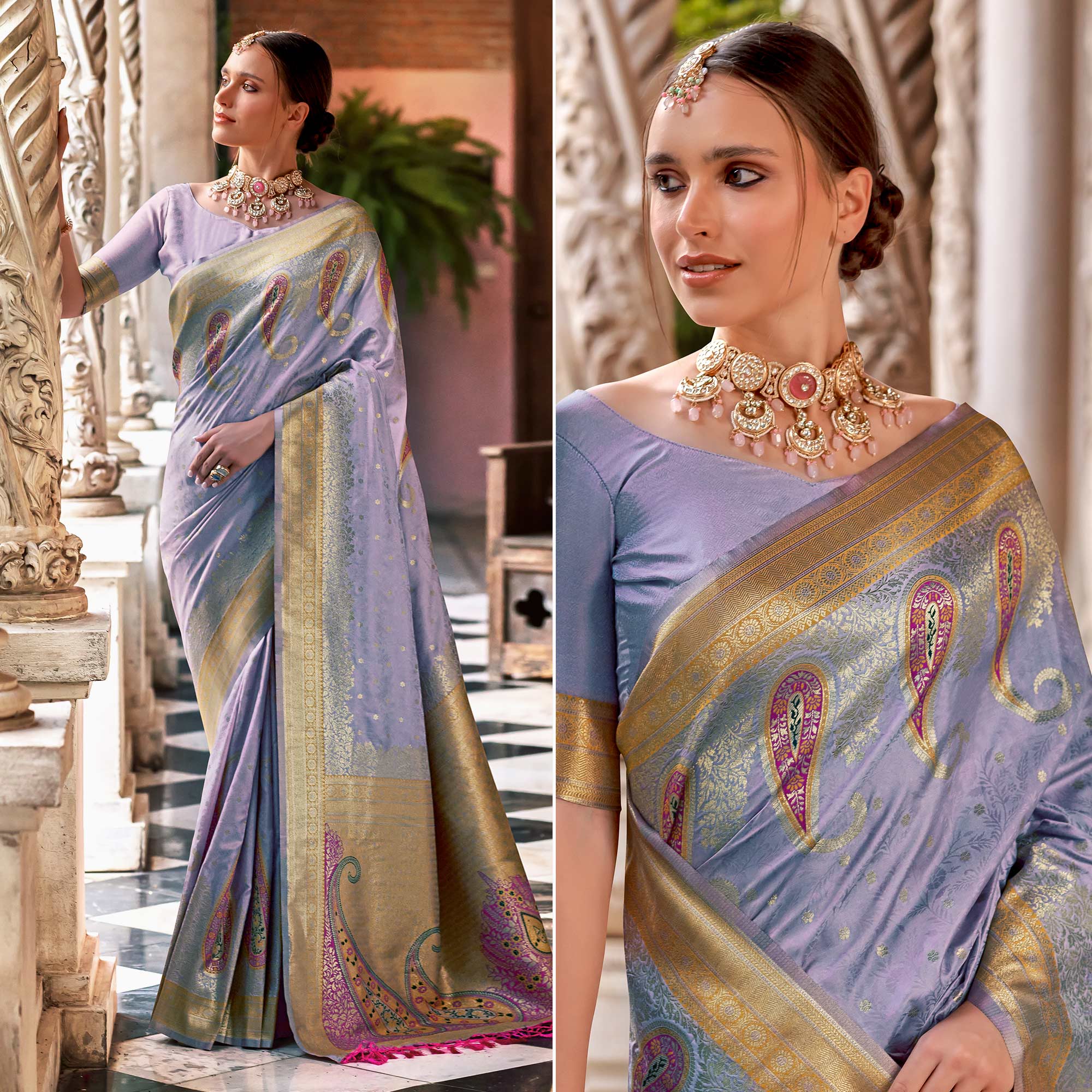 Light Purple Floral Woven Banarasi Silk Saree With Tassels