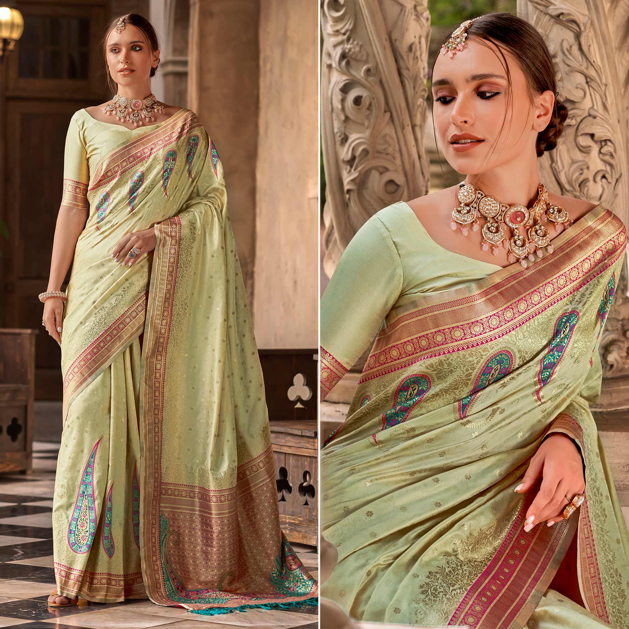 Chikoo Floral Woven Banarasi Silk Saree With Tassels