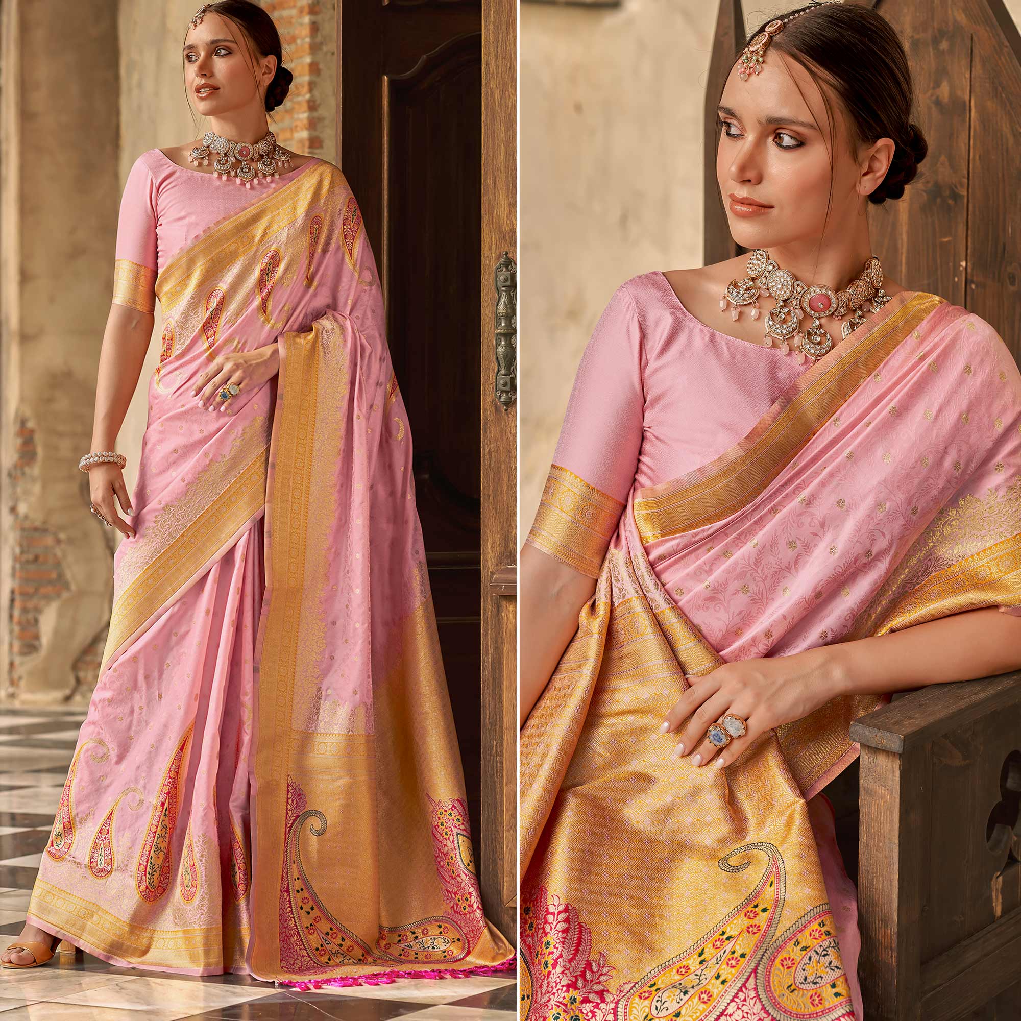 Pink Floral Woven Banarasi Silk Saree With Tassels