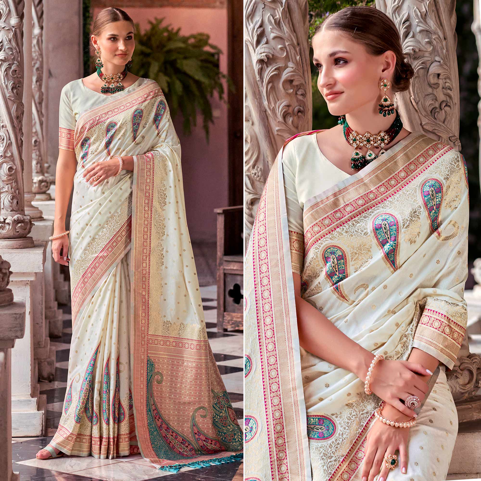 White Floral Woven Banarasi Silk Saree With Tassels