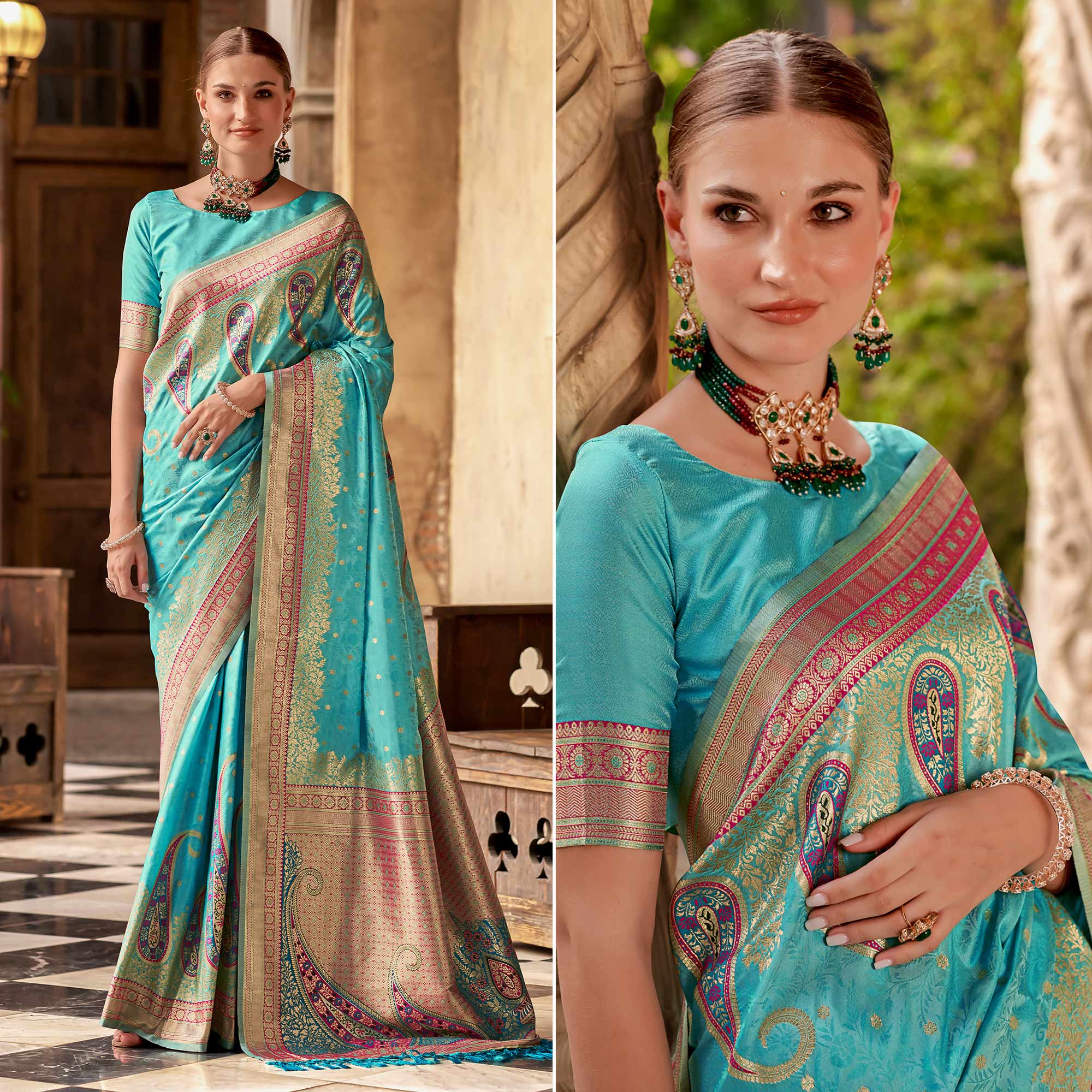 Turquoise Floral Woven Banarasi Silk Saree With Tassels