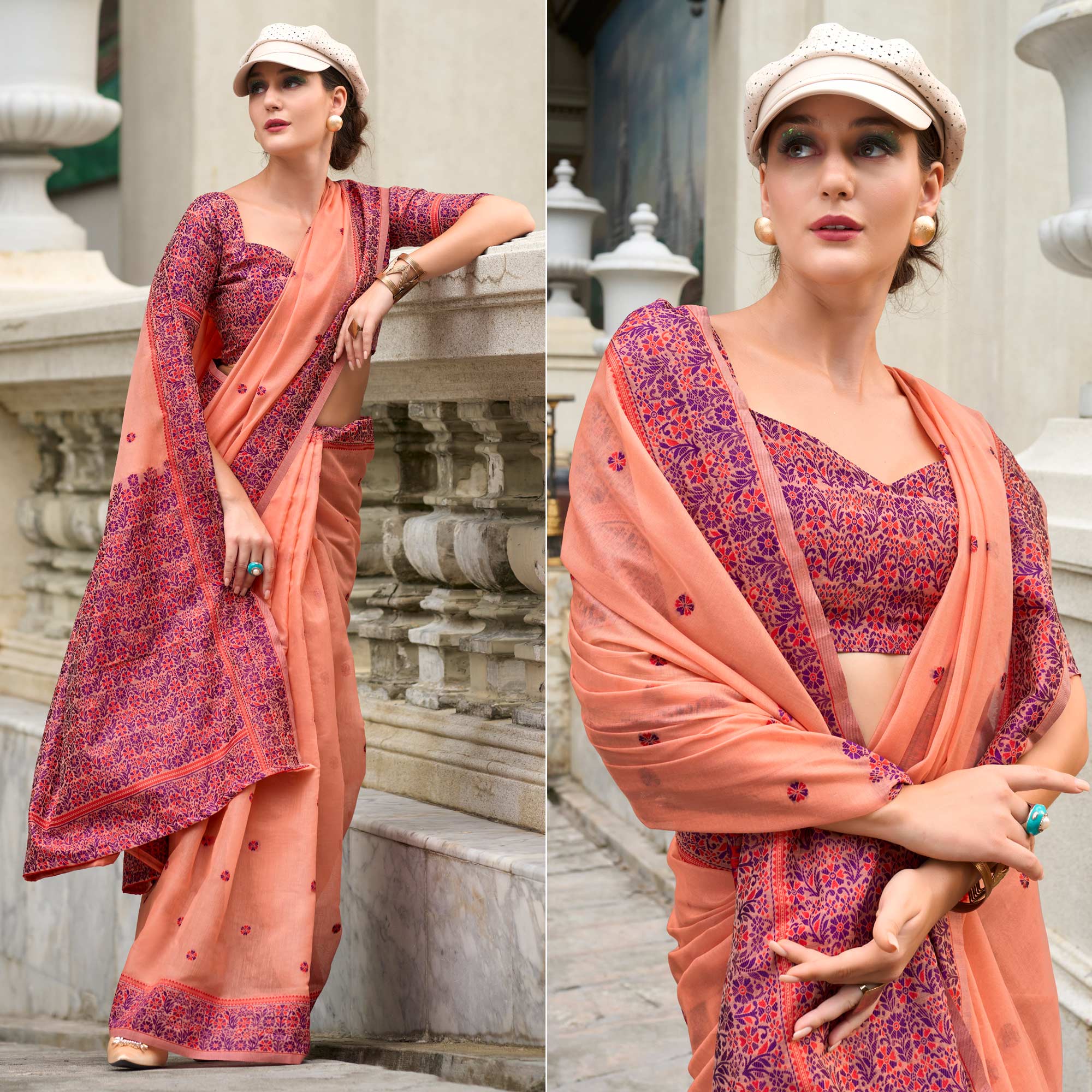 Peach Floral Woven linen Saree