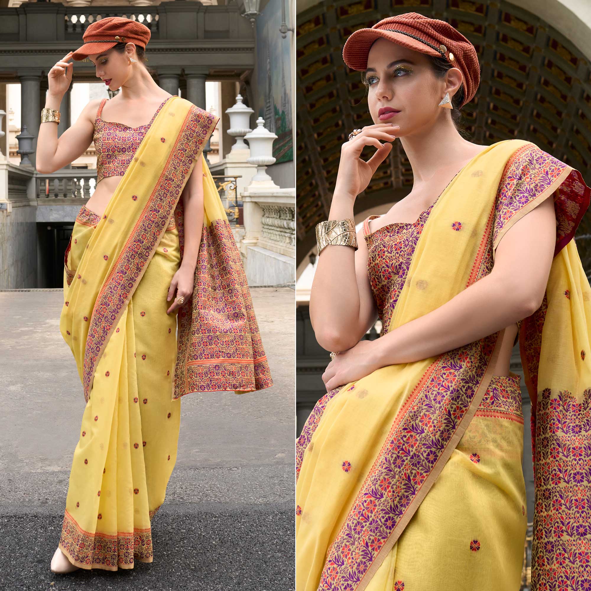 Yellow Floral Woven linen Saree