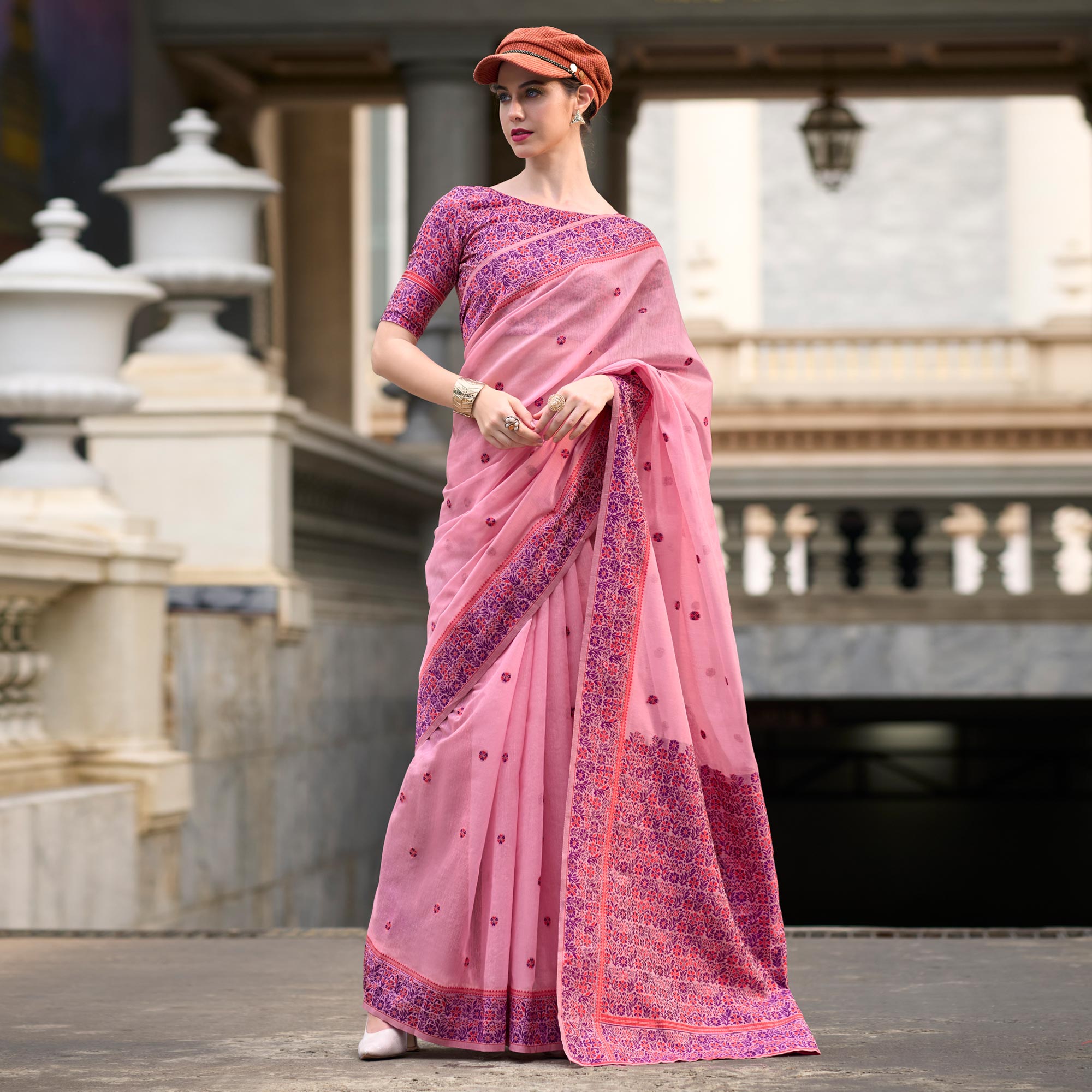 Pink Floral Woven linen Saree