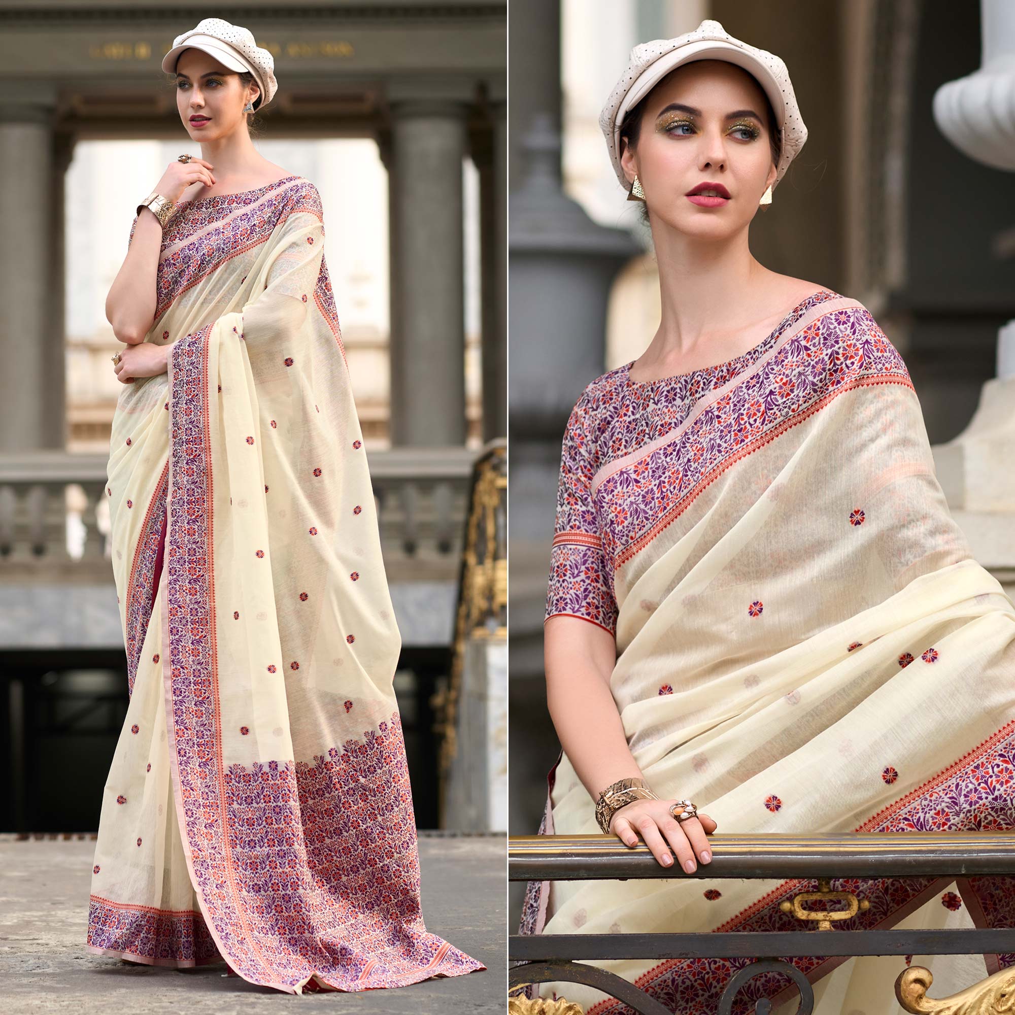 Cream Floral Woven linen Saree