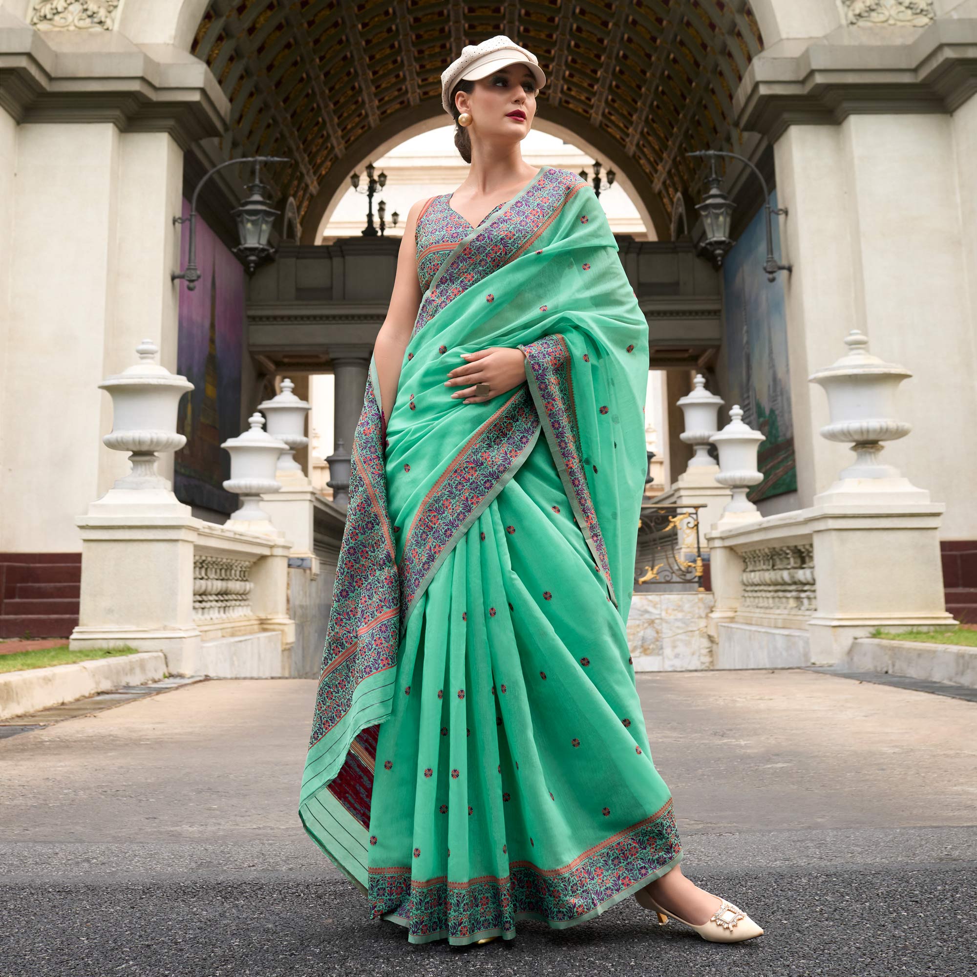 Pastel Green Floral Woven linen Saree