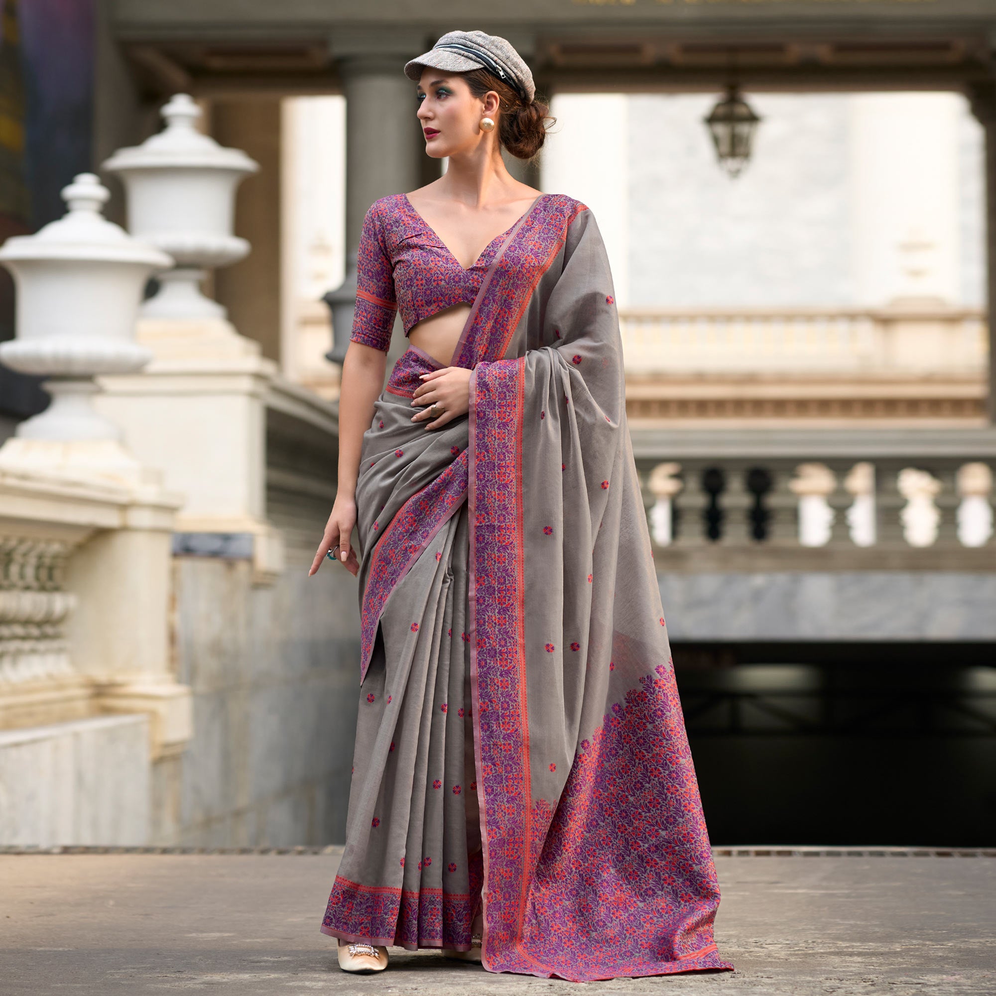 Grey Floral Woven linen Saree