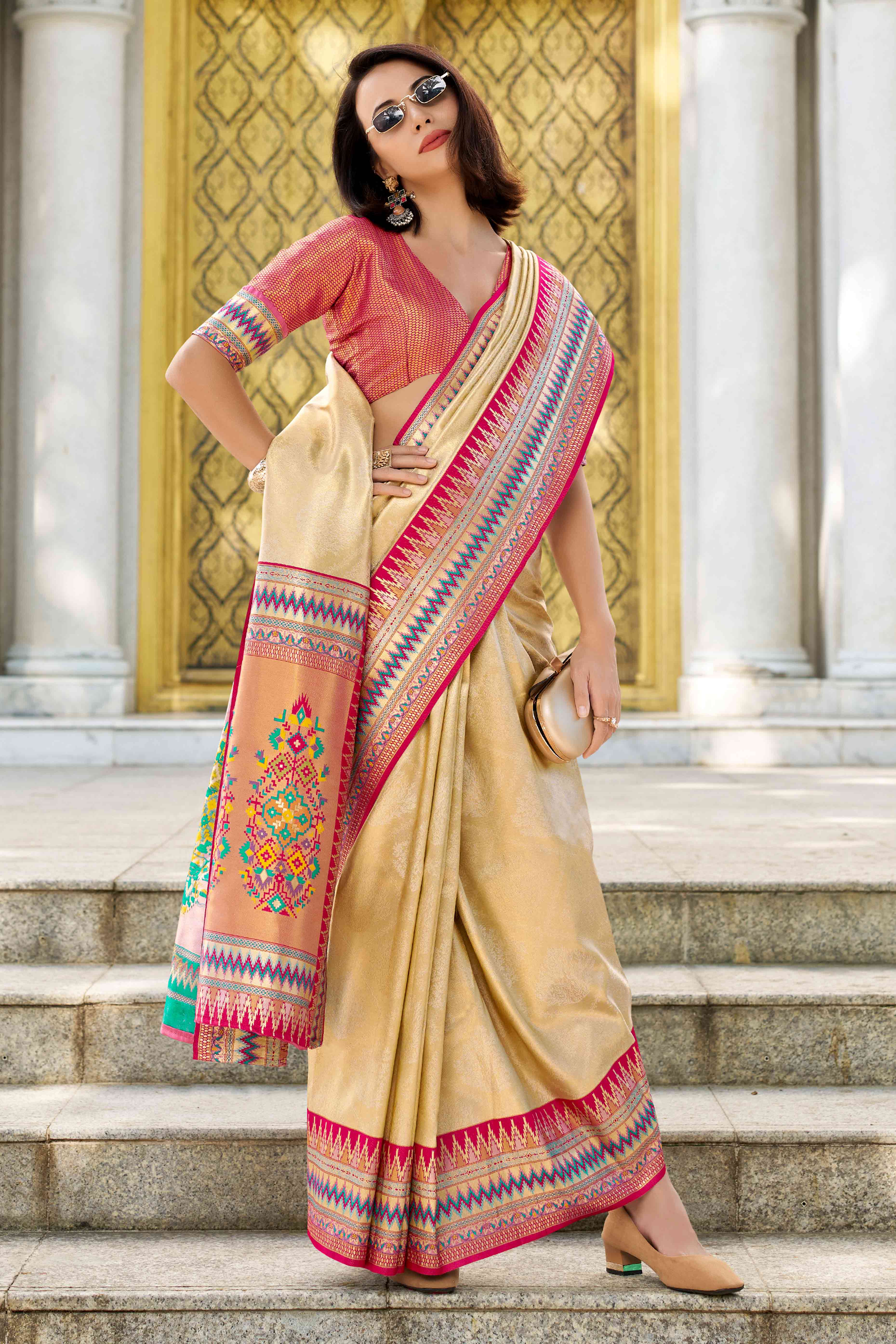 Beige Zari Weaving Tissue Silk Saree
