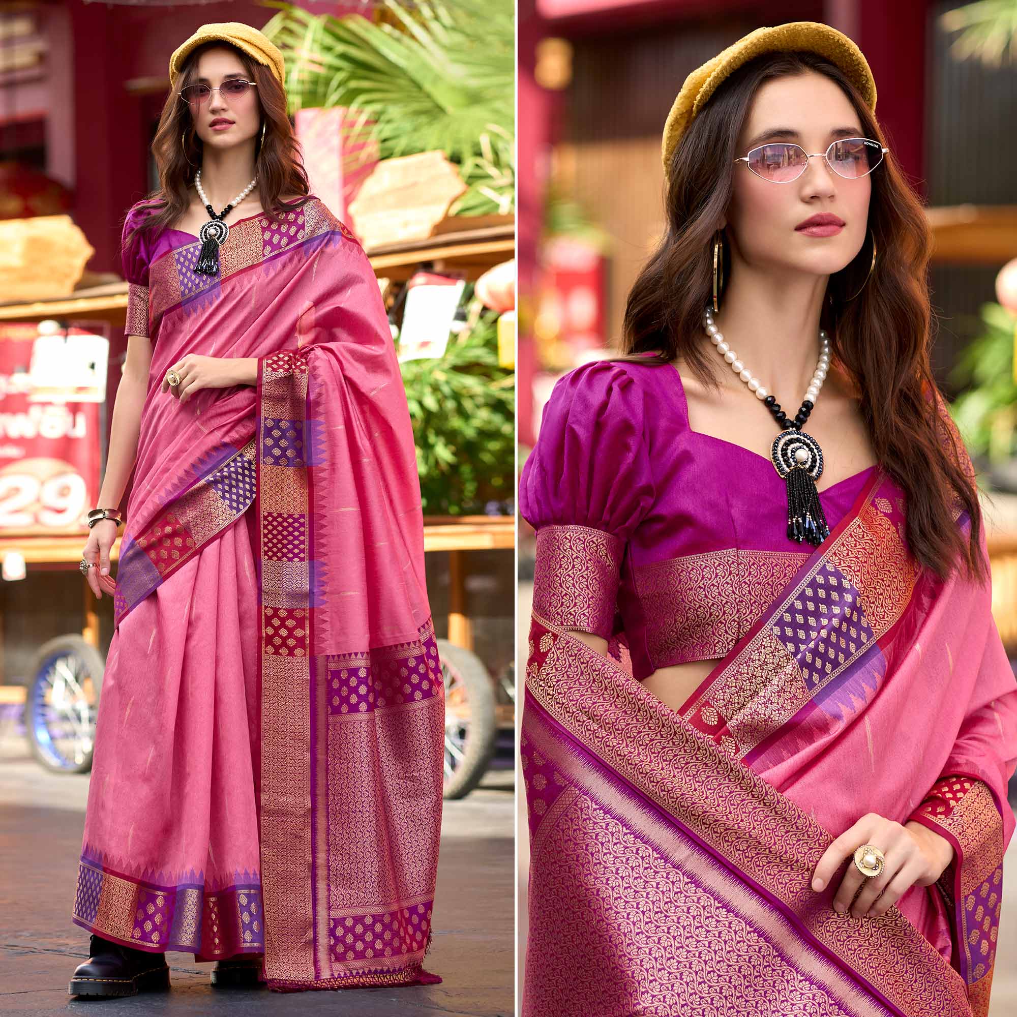 Pink Zari Motifs Woven Soft Banarasi Silk Saree