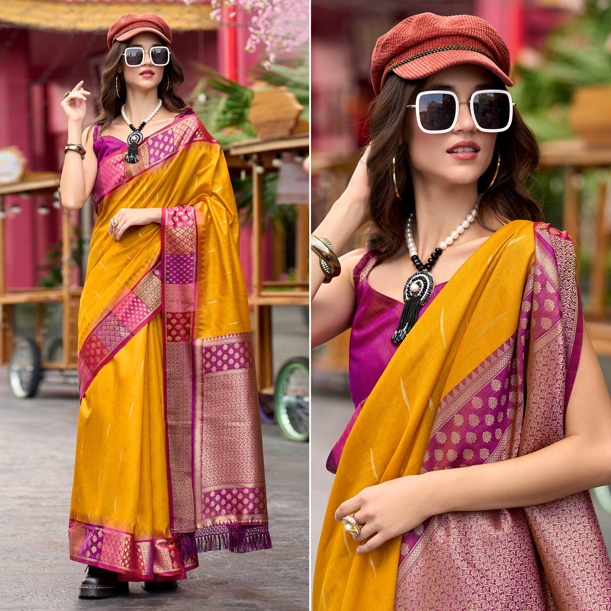 Mustard Zari Motifs Woven Soft Banarasi Silk Saree