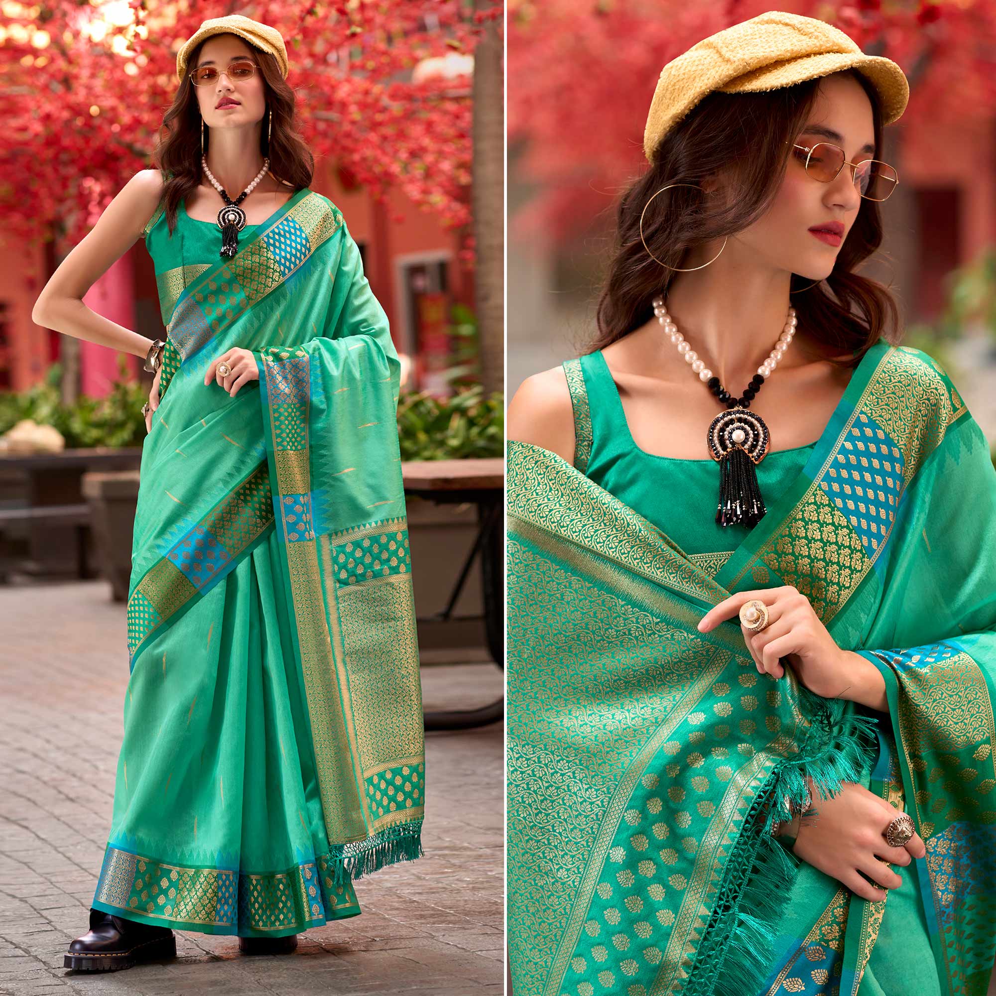 Rexona Green Zari Motifs Woven Soft Banarasi Silk Saree