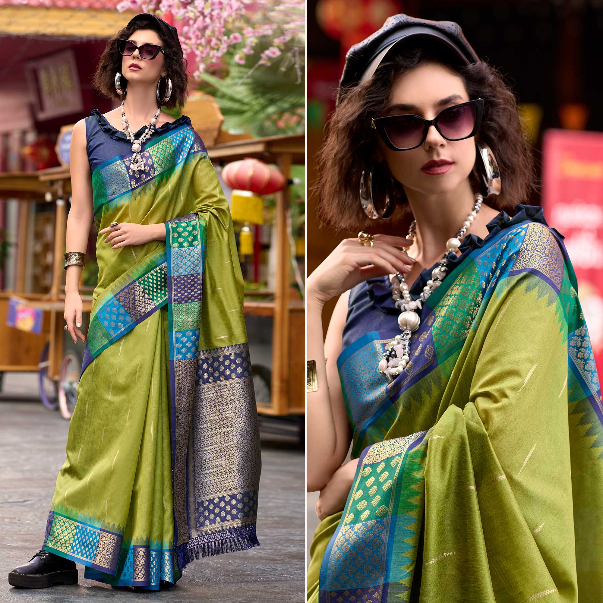 Green Zari Motifs Woven Soft Banarasi Silk Saree