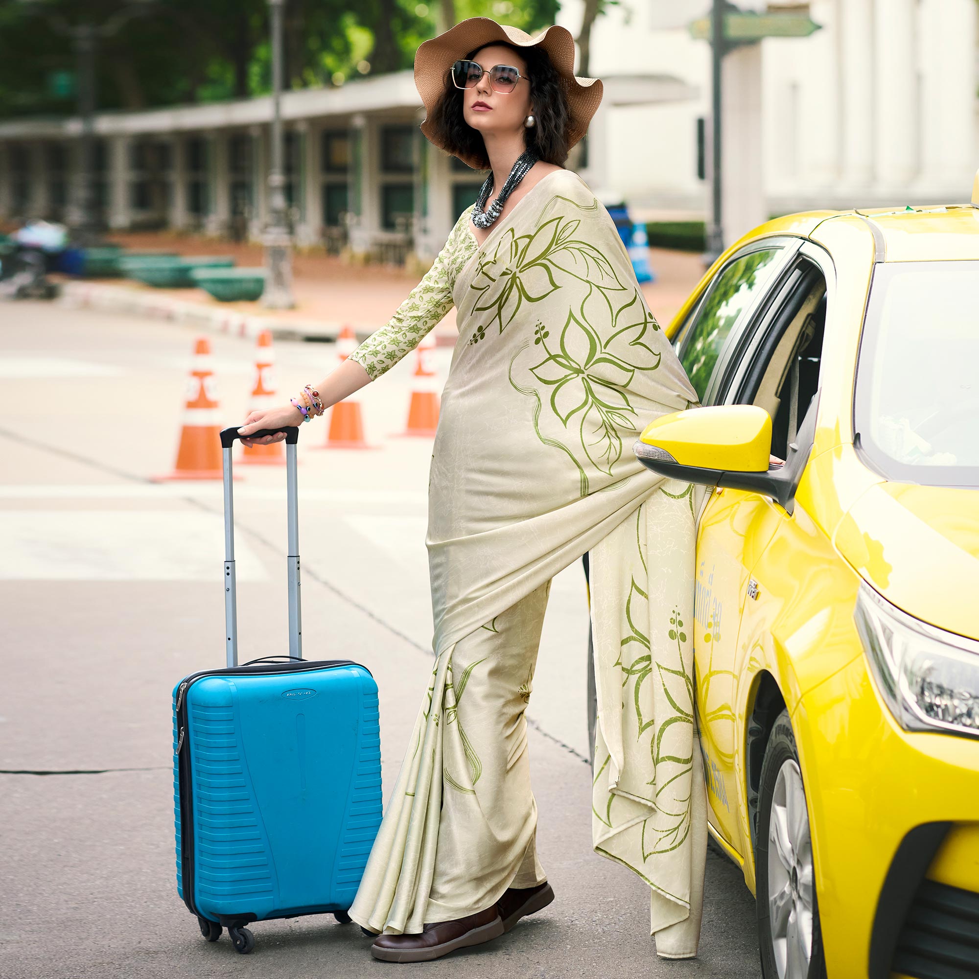 Offwhite Floral Printed Satin Saree