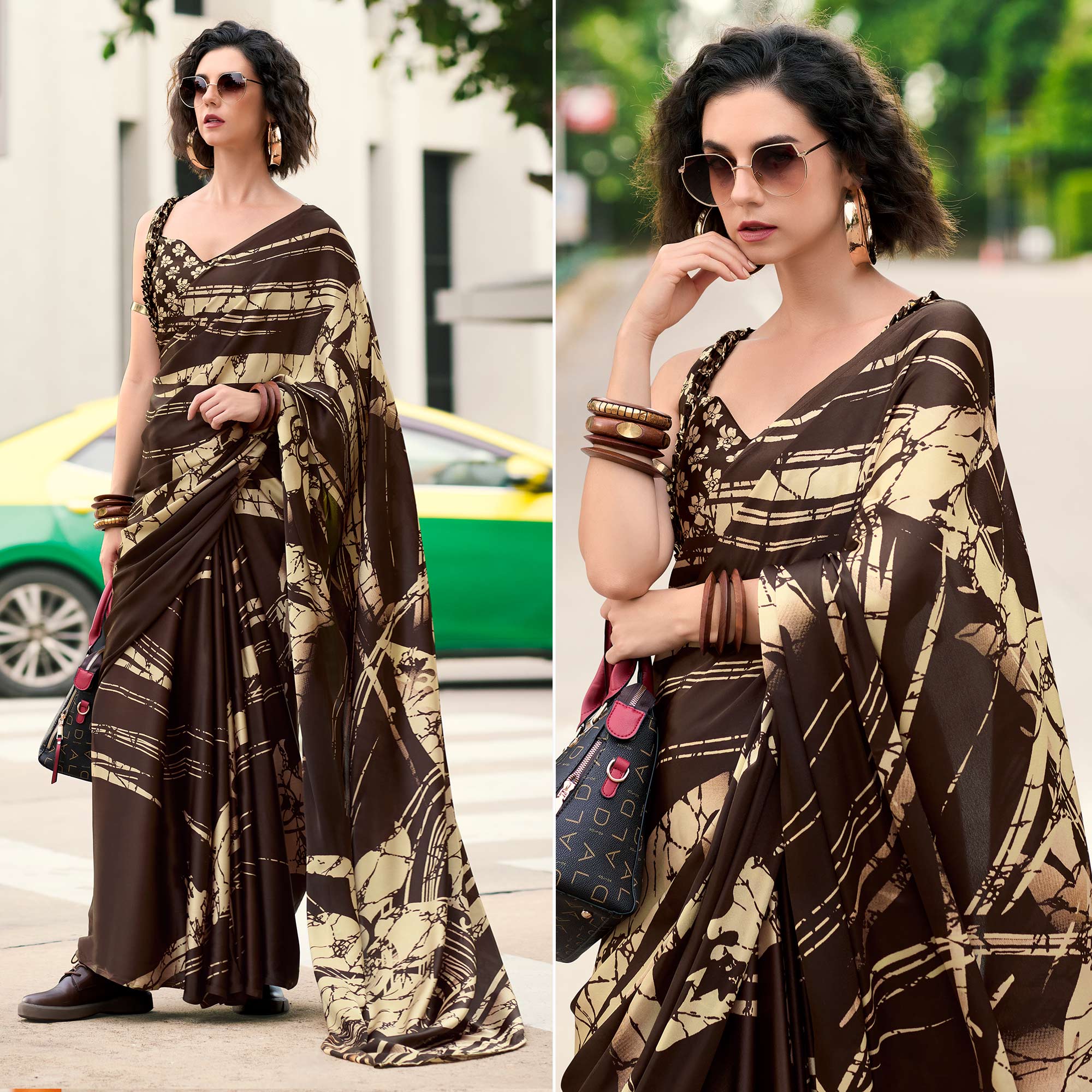 Brown Printed Satin Saree