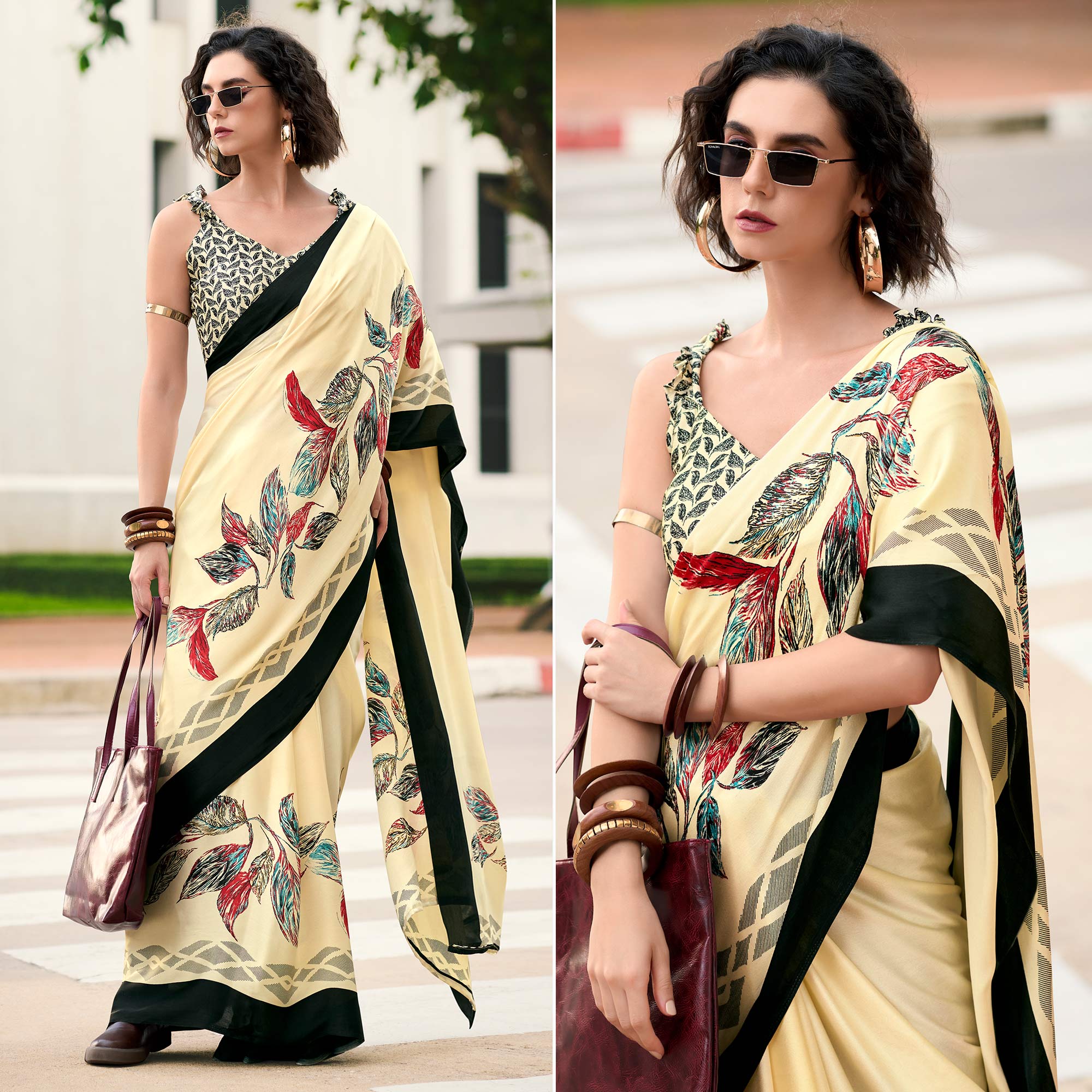 Light Yellow Floral Printed Satin Saree