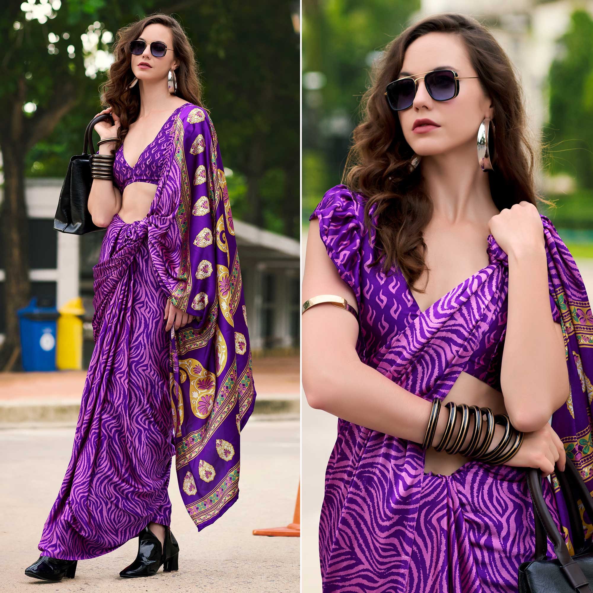 Purple Floral Printed Satin Saree