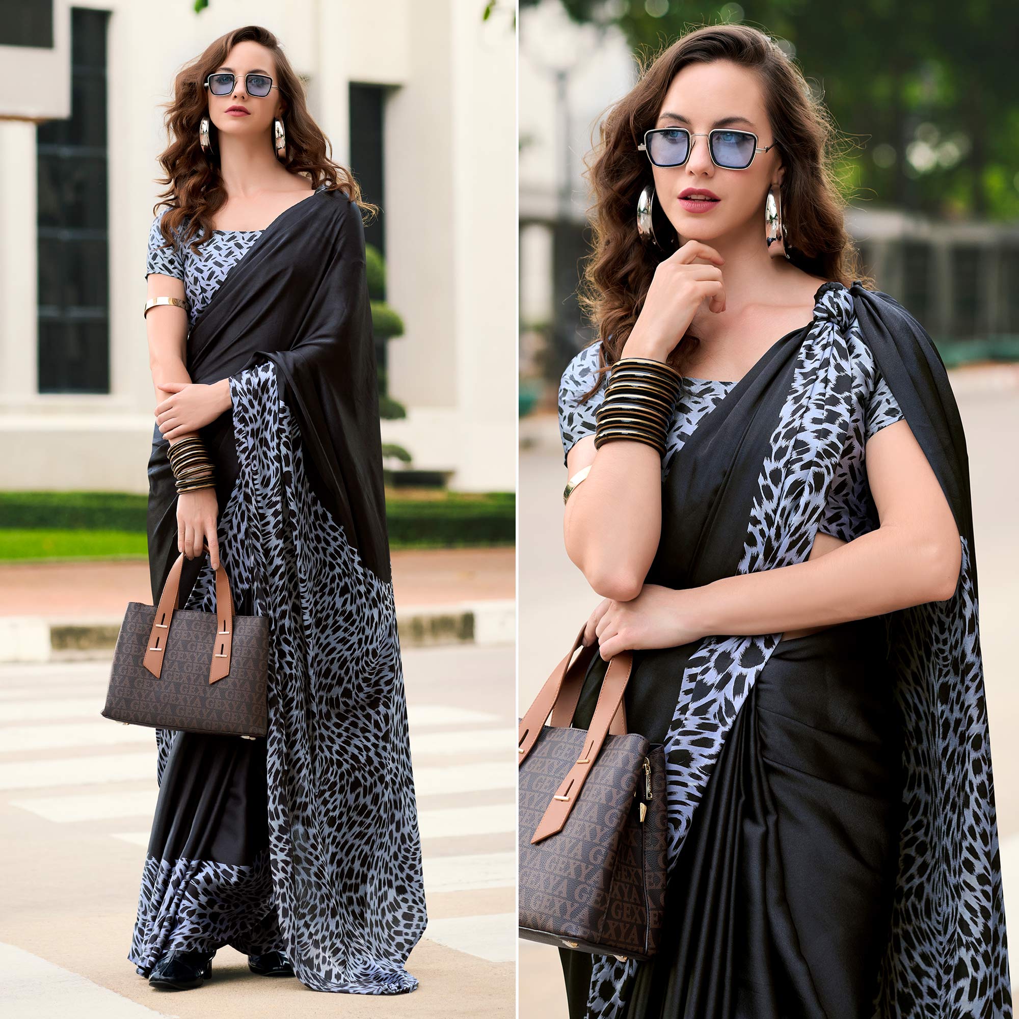 Black Printed Satin Saree