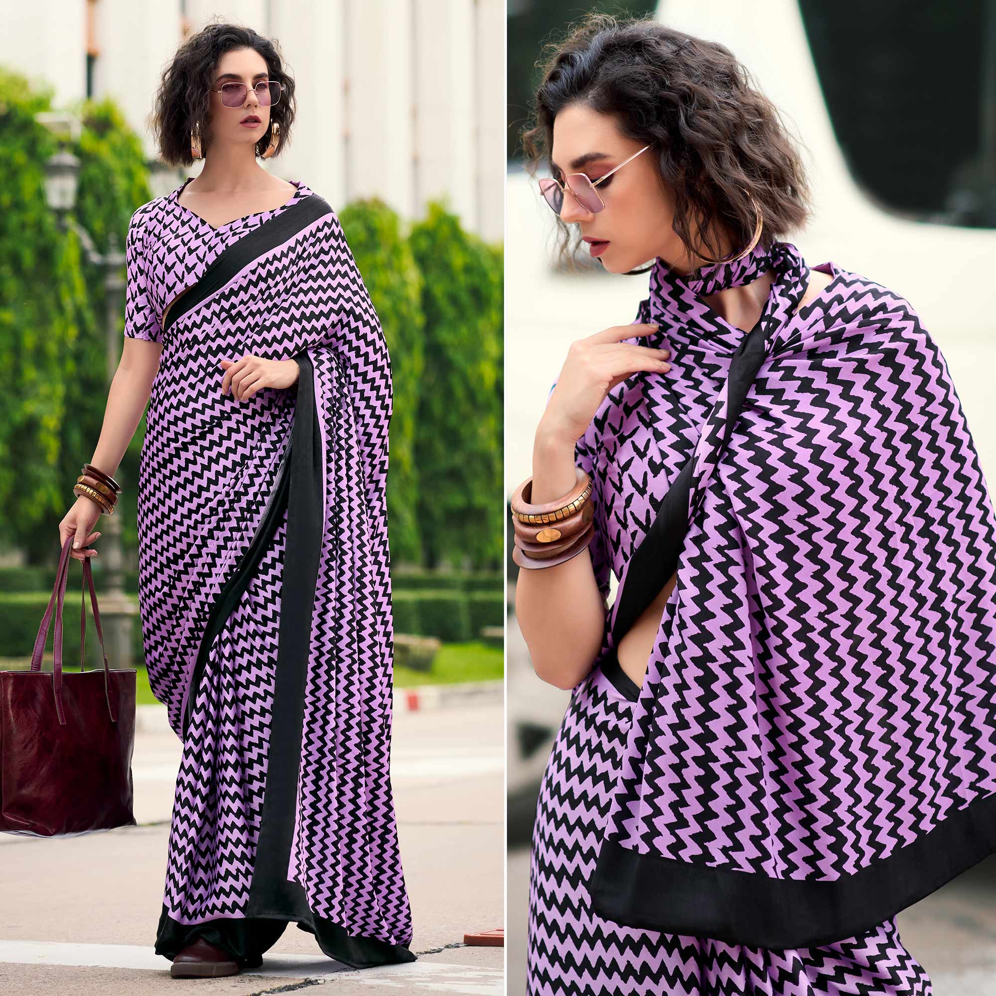 Light Lavender Zig Zag Printed Satin Saree