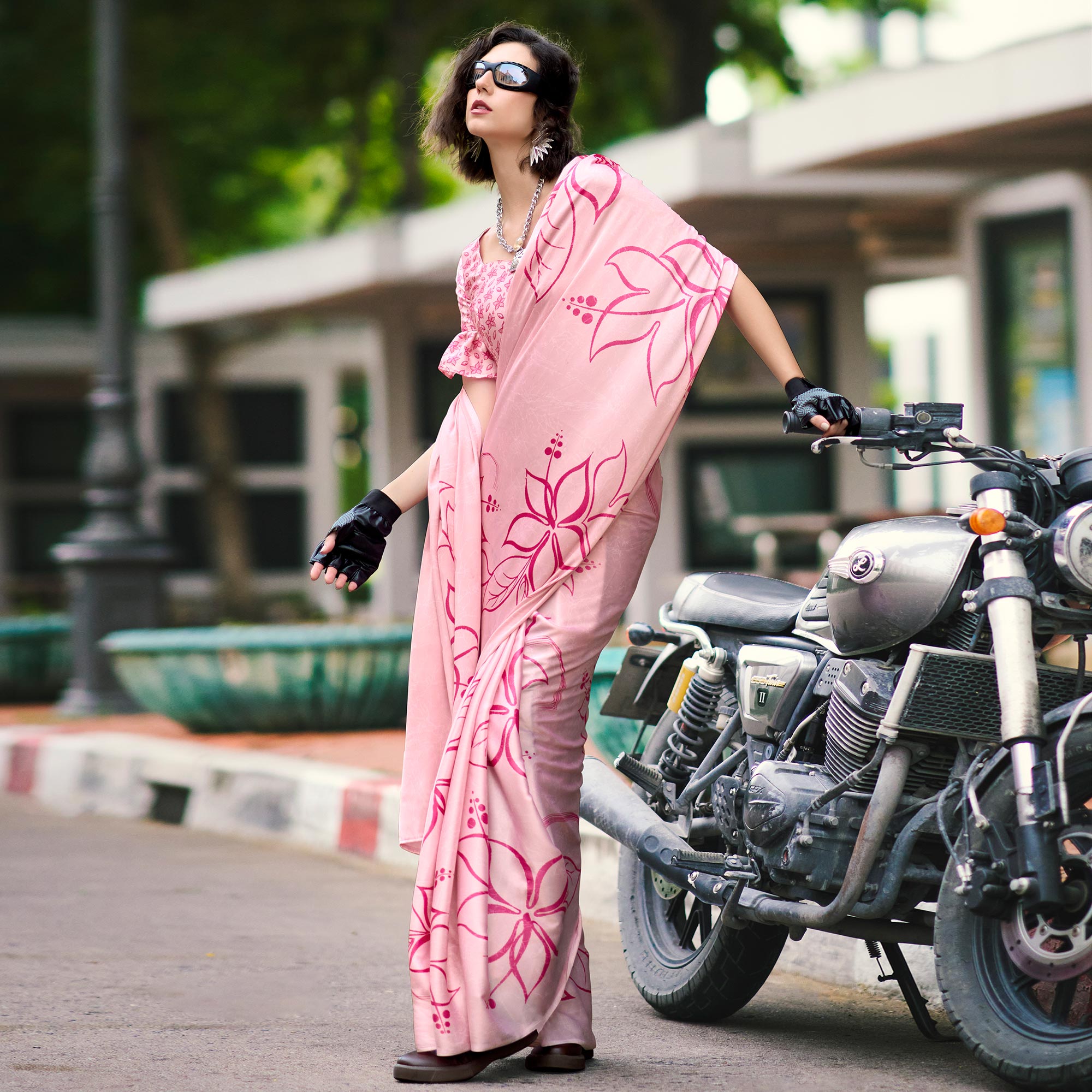 Light Pink Floral Printed Satin Saree