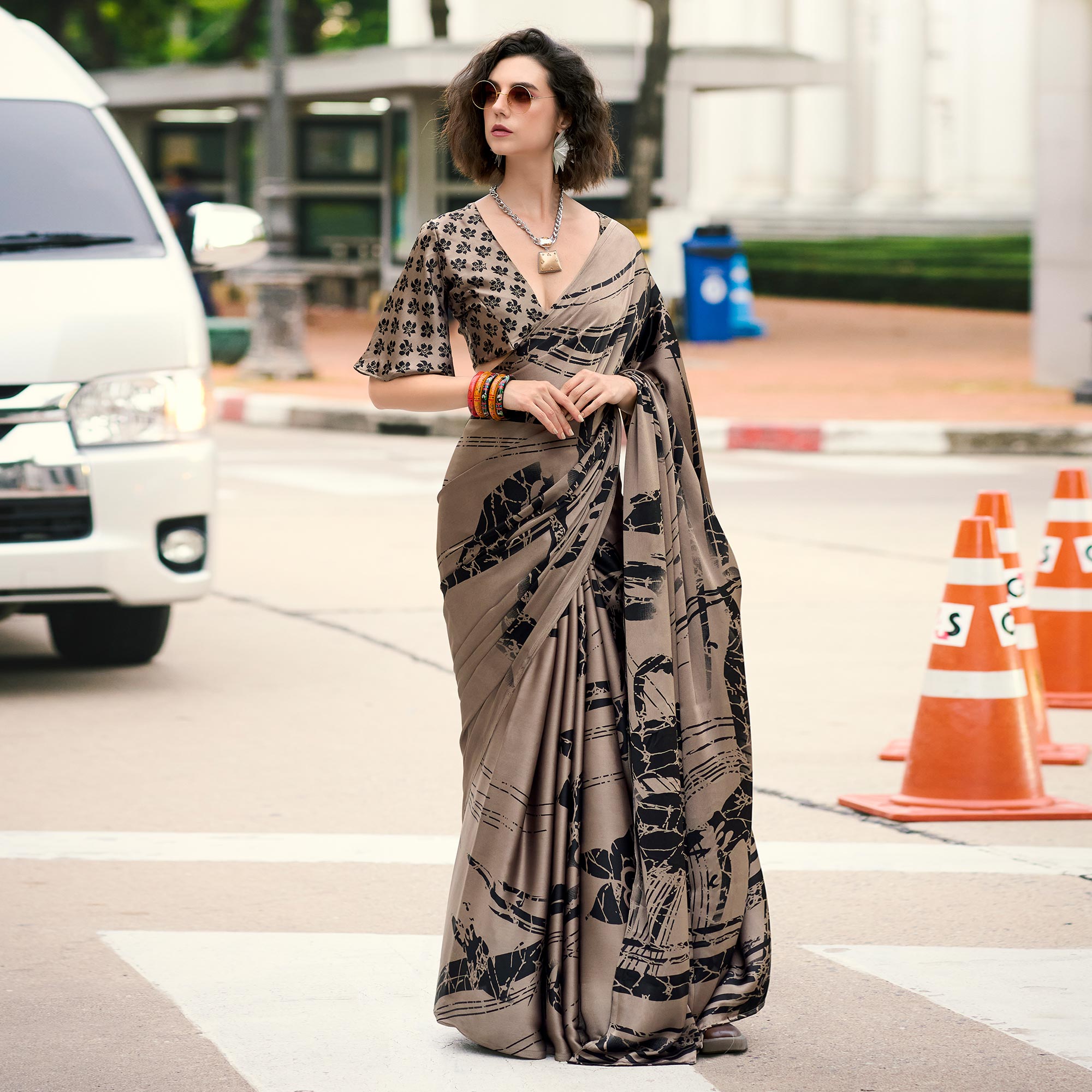 Brown Printed Satin Saree