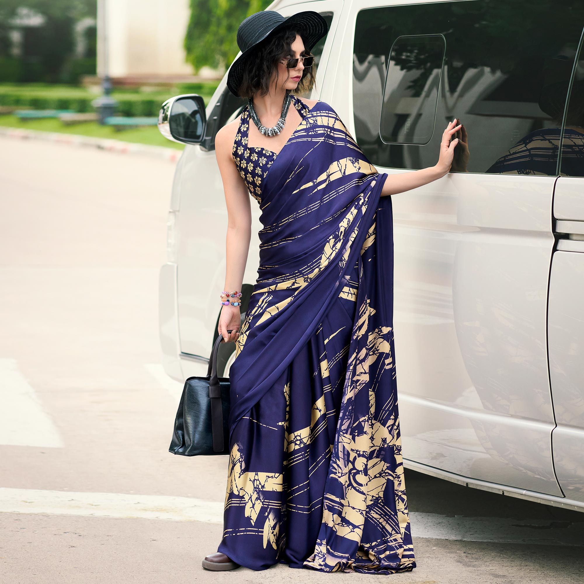 Navy Blue Printed Satin Saree