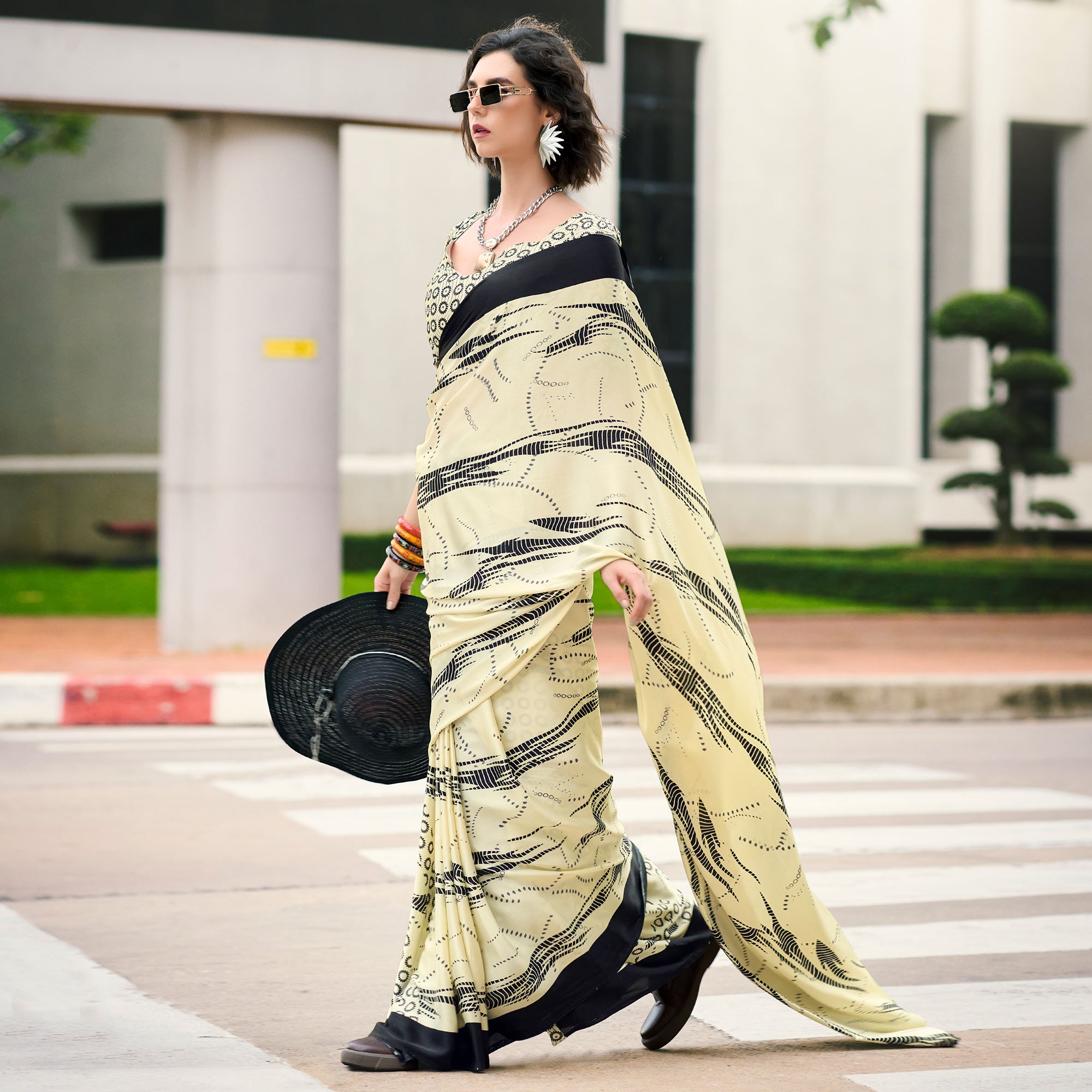 Cream Printed Satin Saree