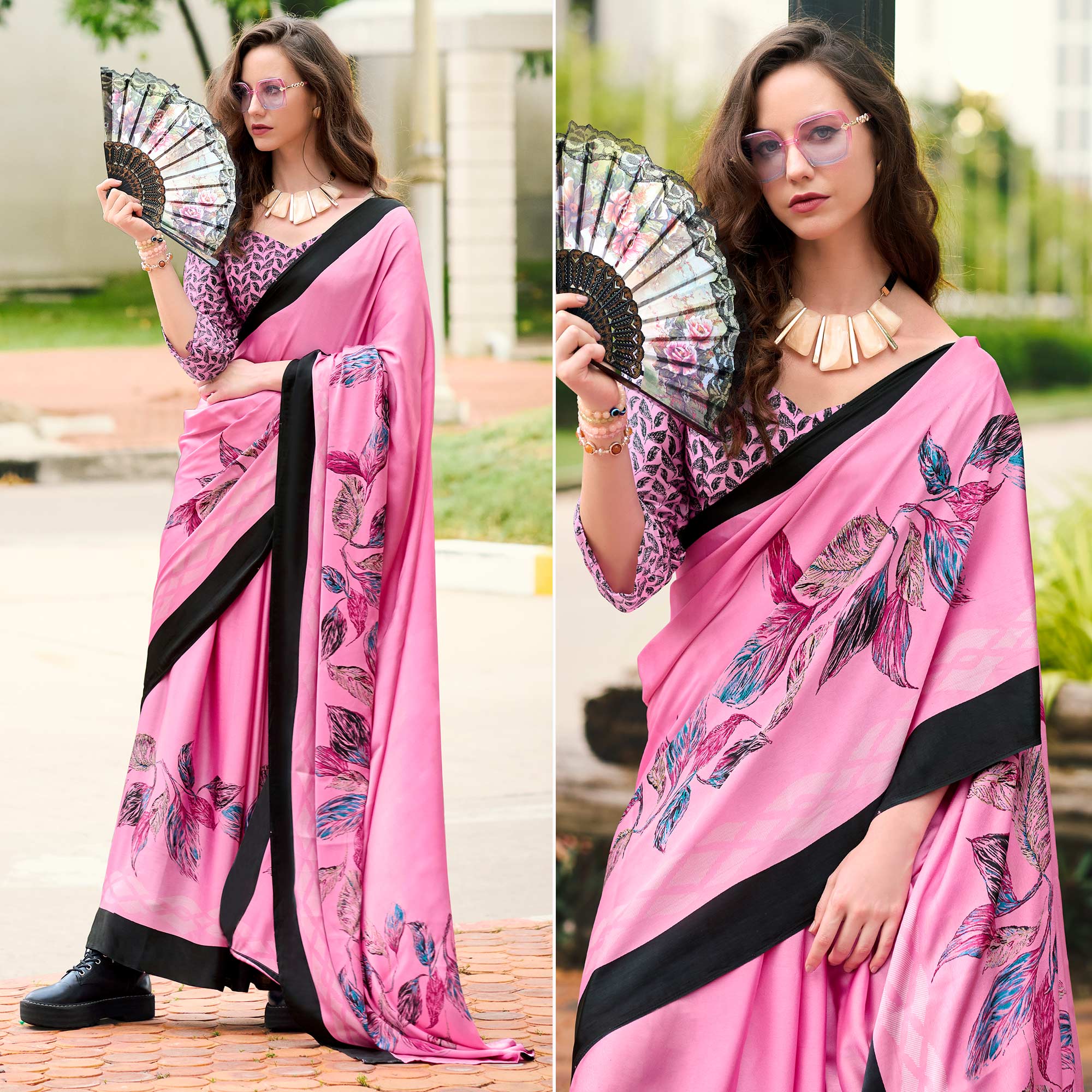 Pink Printed Satin Saree