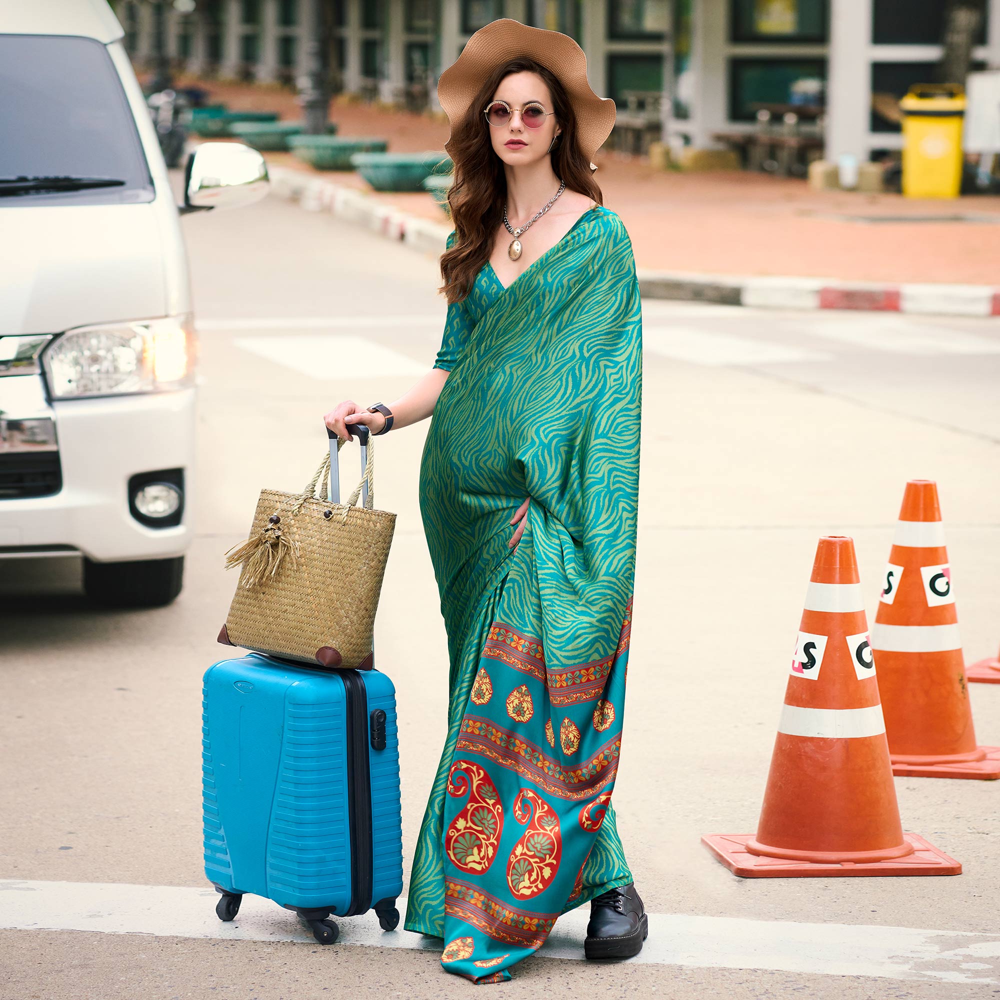 Rama Green Printed Satin Saree