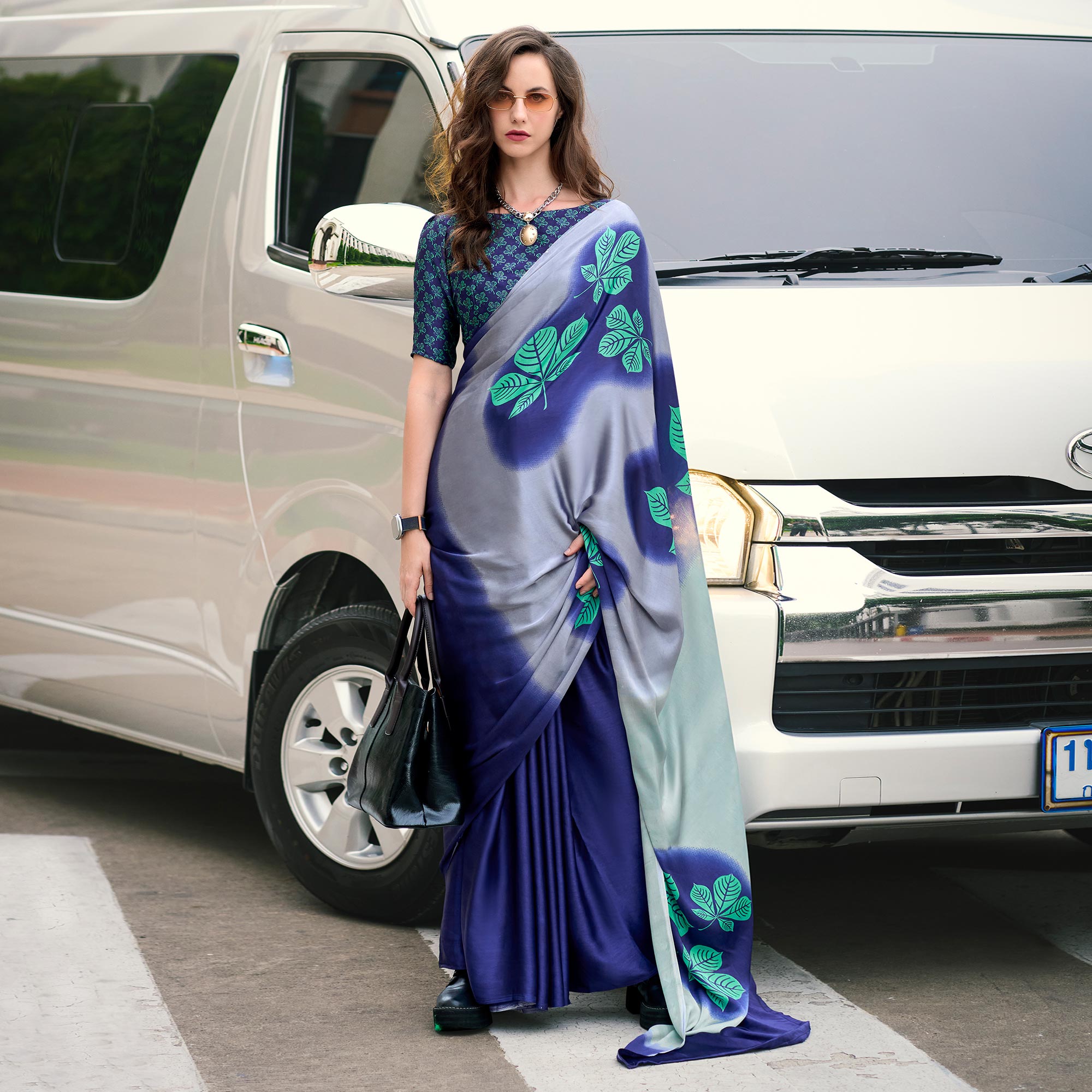 Navy Blue & Grey Floral Printed Satin Saree