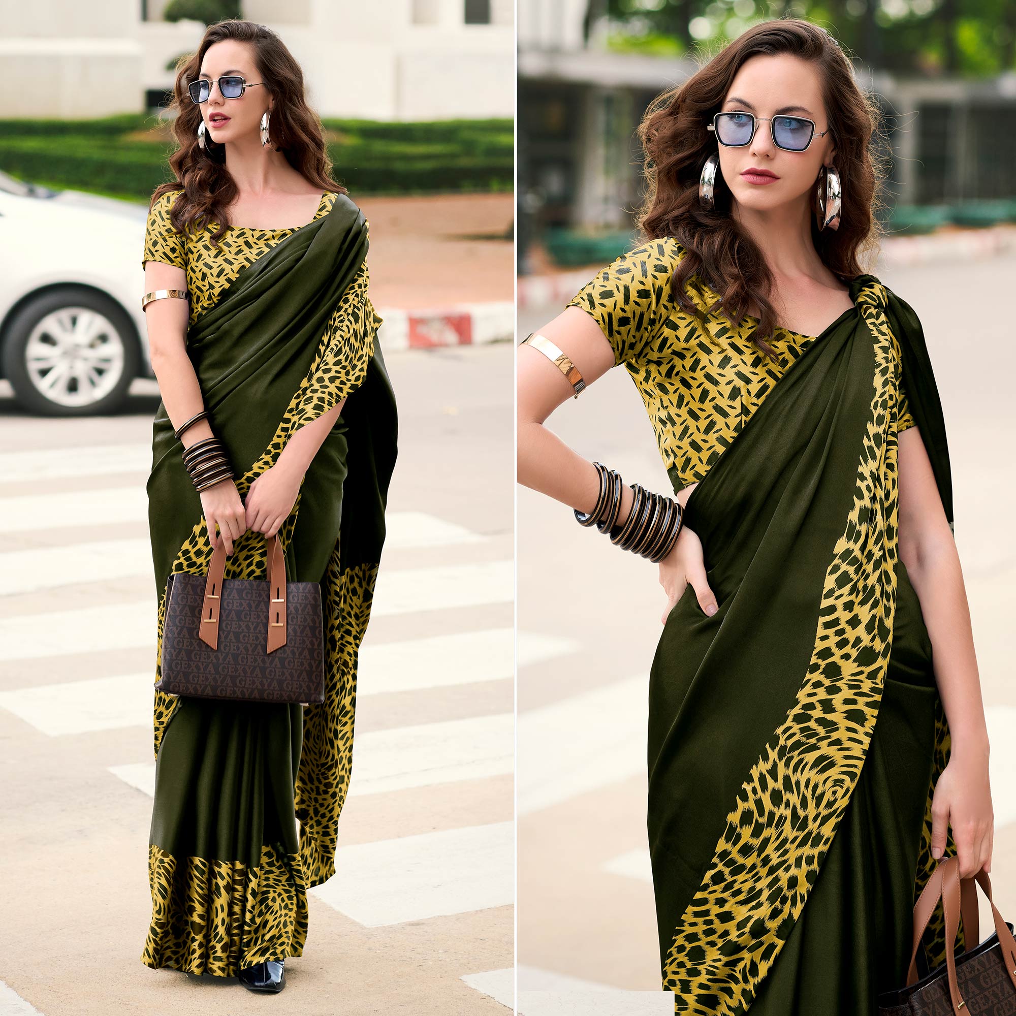 Mehendi Green Printed Satin Saree