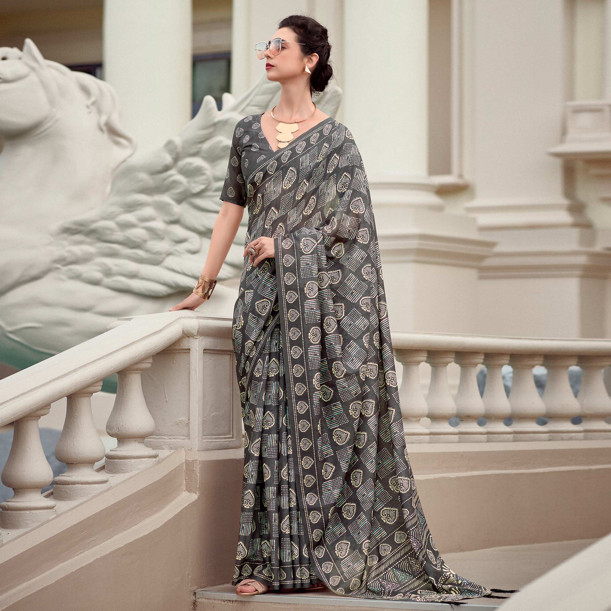 Grey Printed Mul Pure Silk Saree