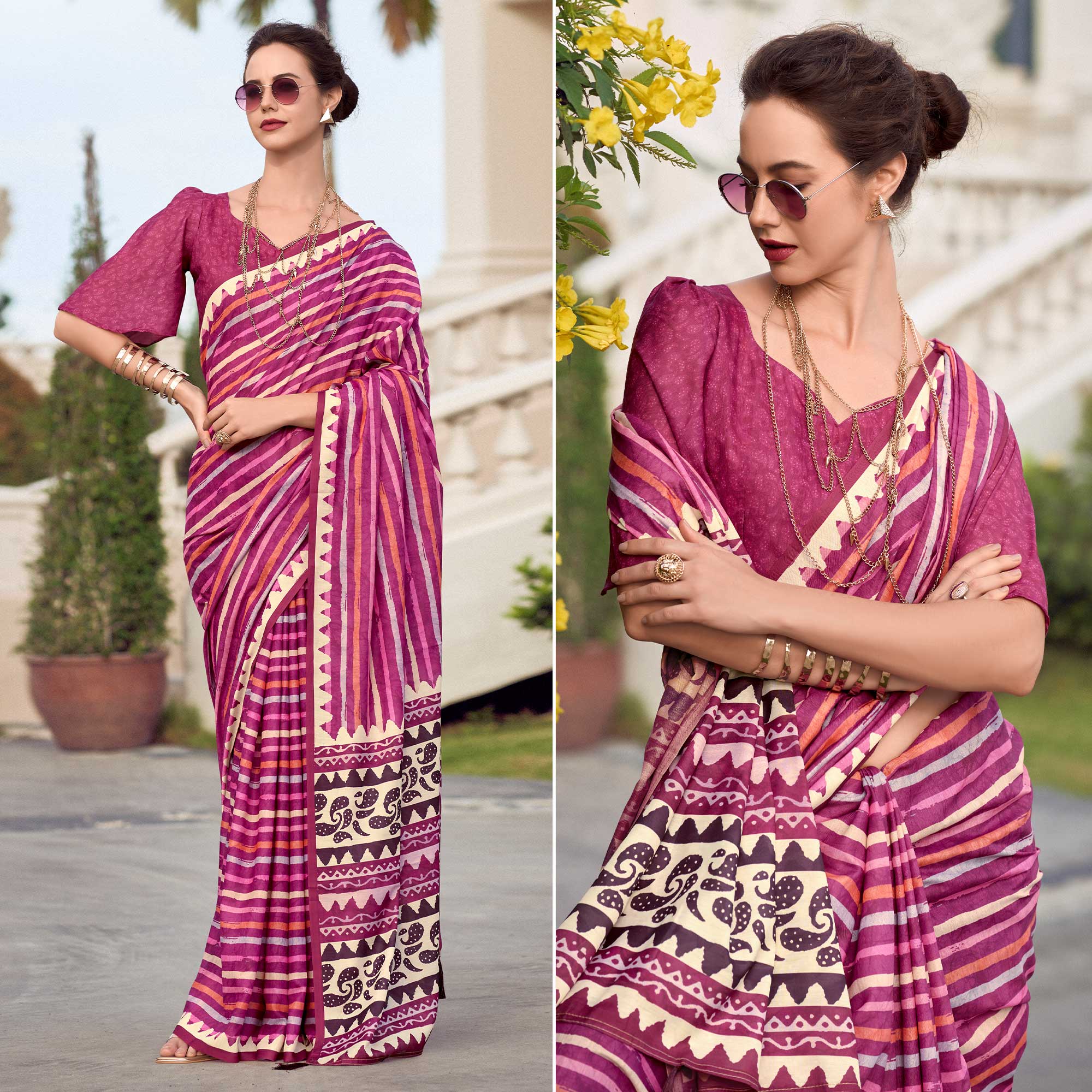 Magenta Striped Printed Mul Pure Silk Saree