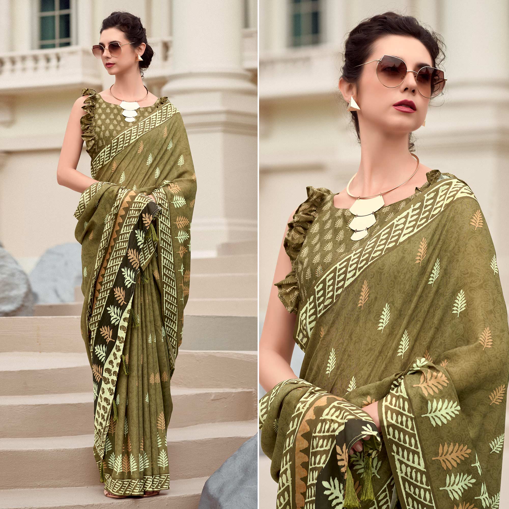 Mehendi Green Printed Mul Pure Silk Saree