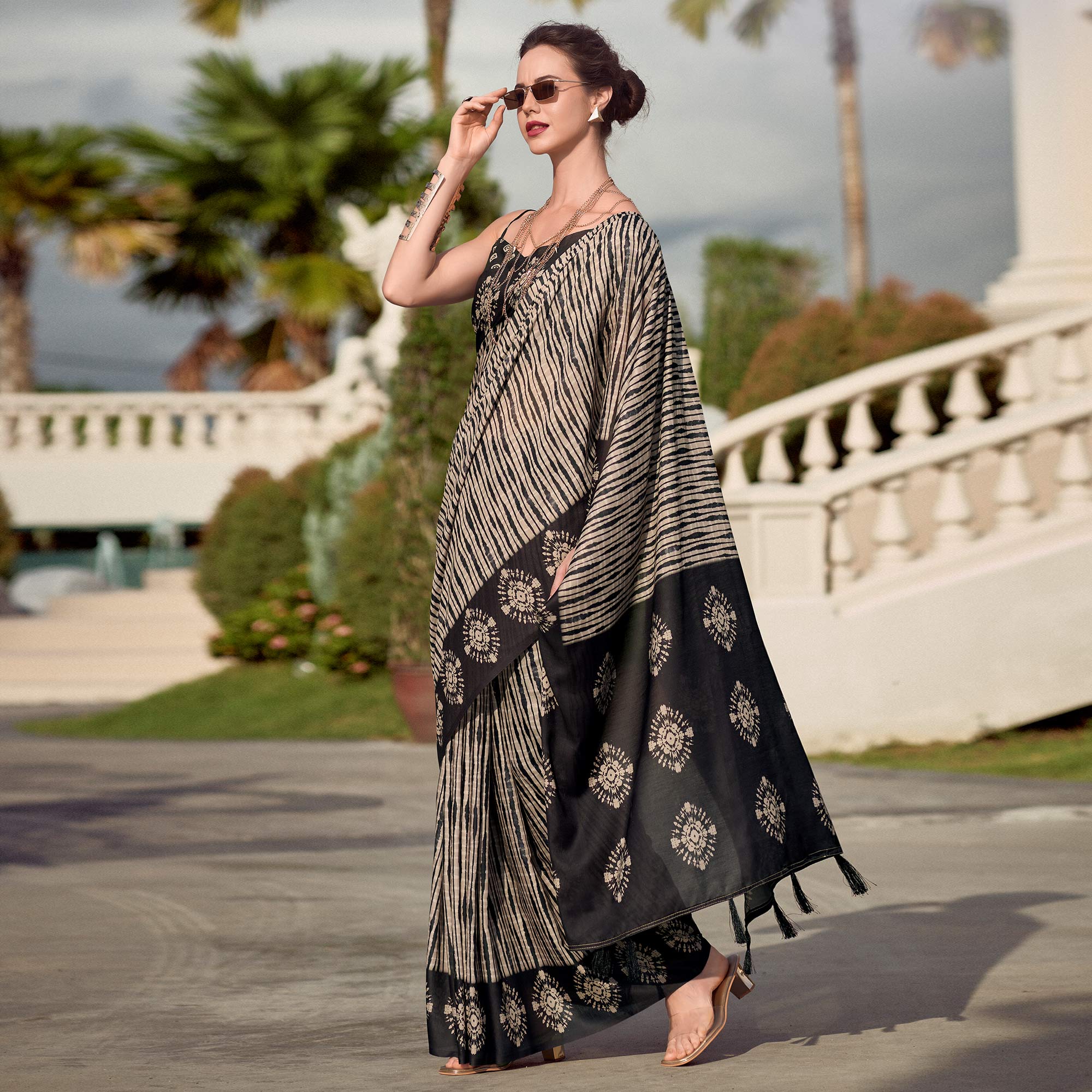 Black Printed Mul Pure Silk Saree