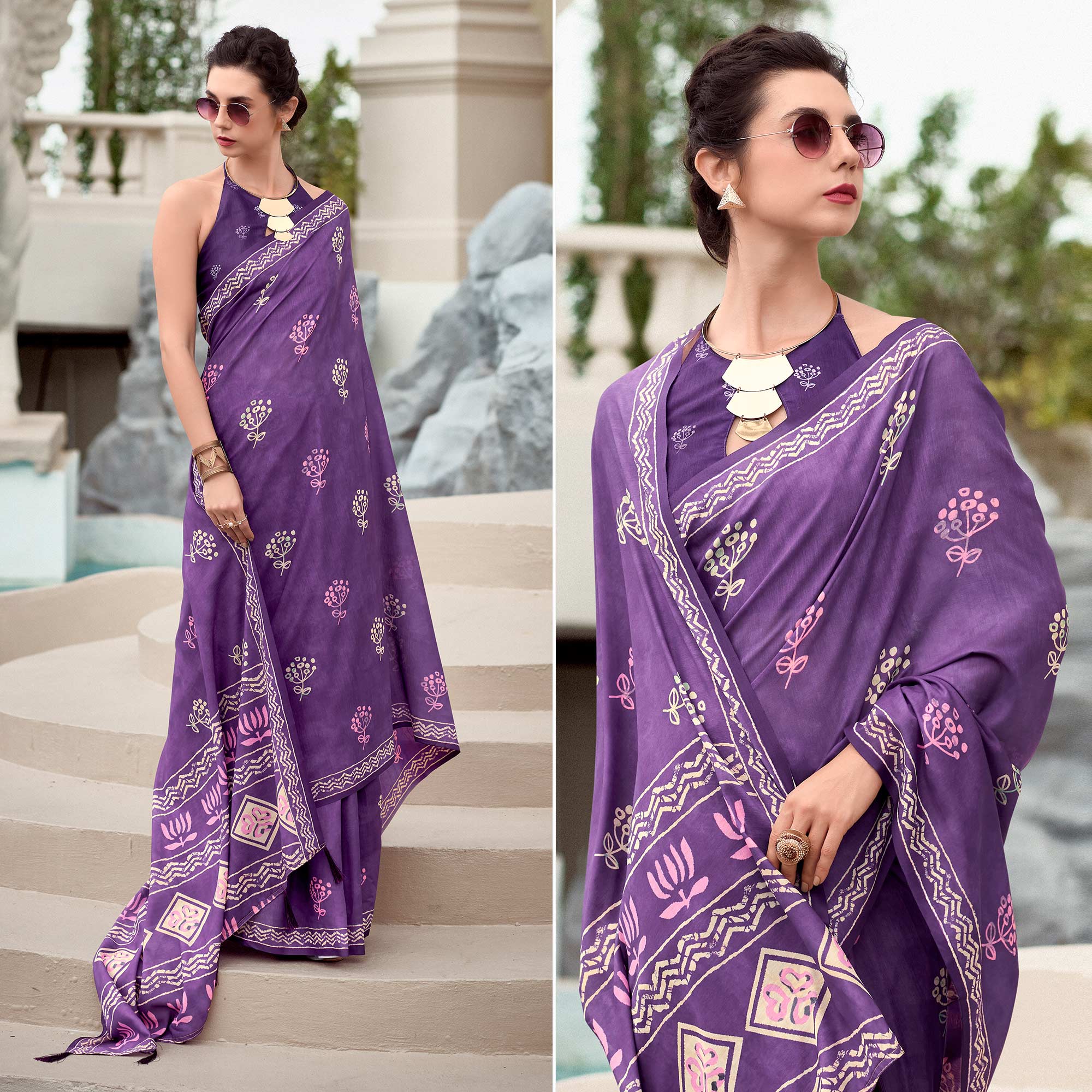 Purple Floral Printed Mul Pure Silk Saree