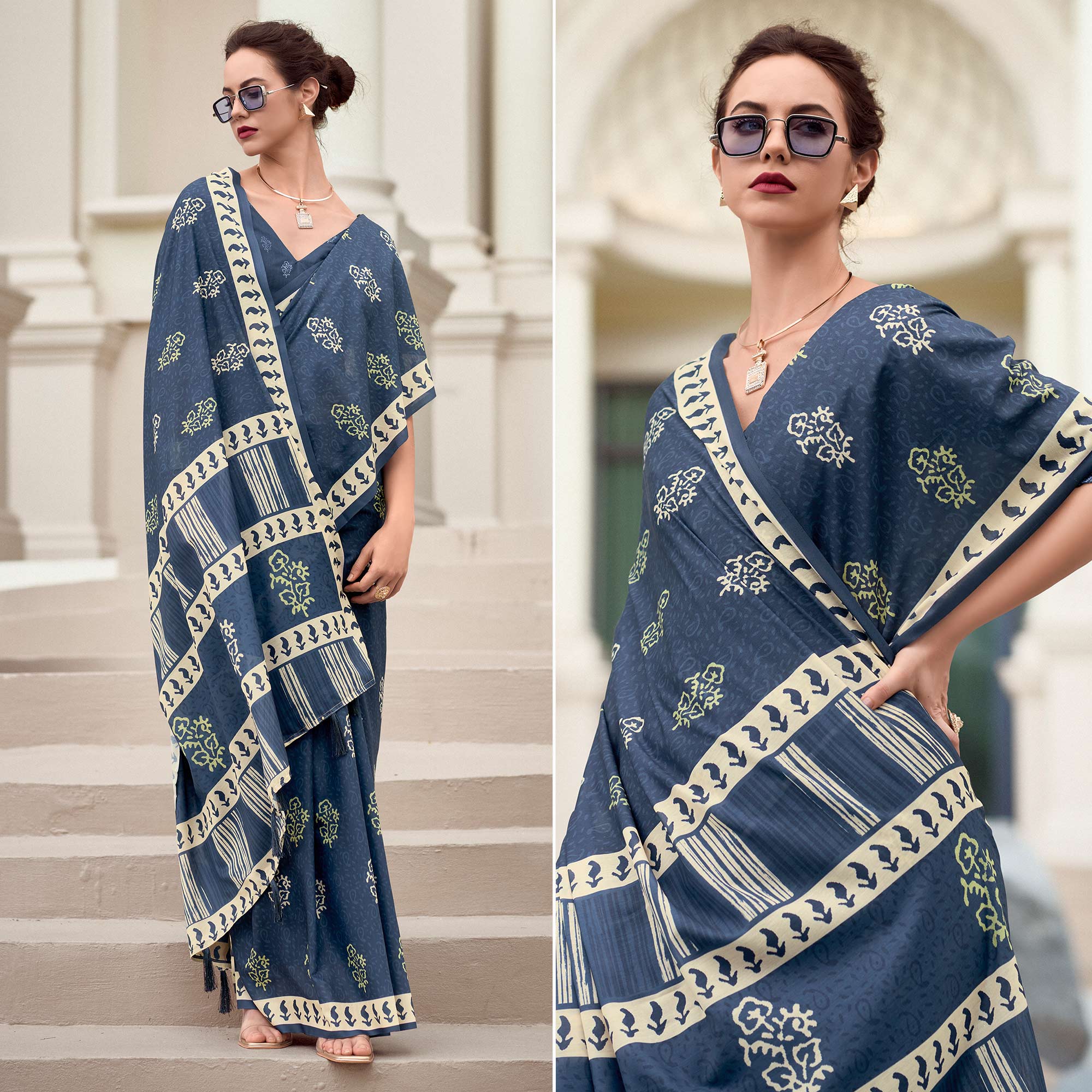 Blue Floral Printed Mul Pure Silk Saree