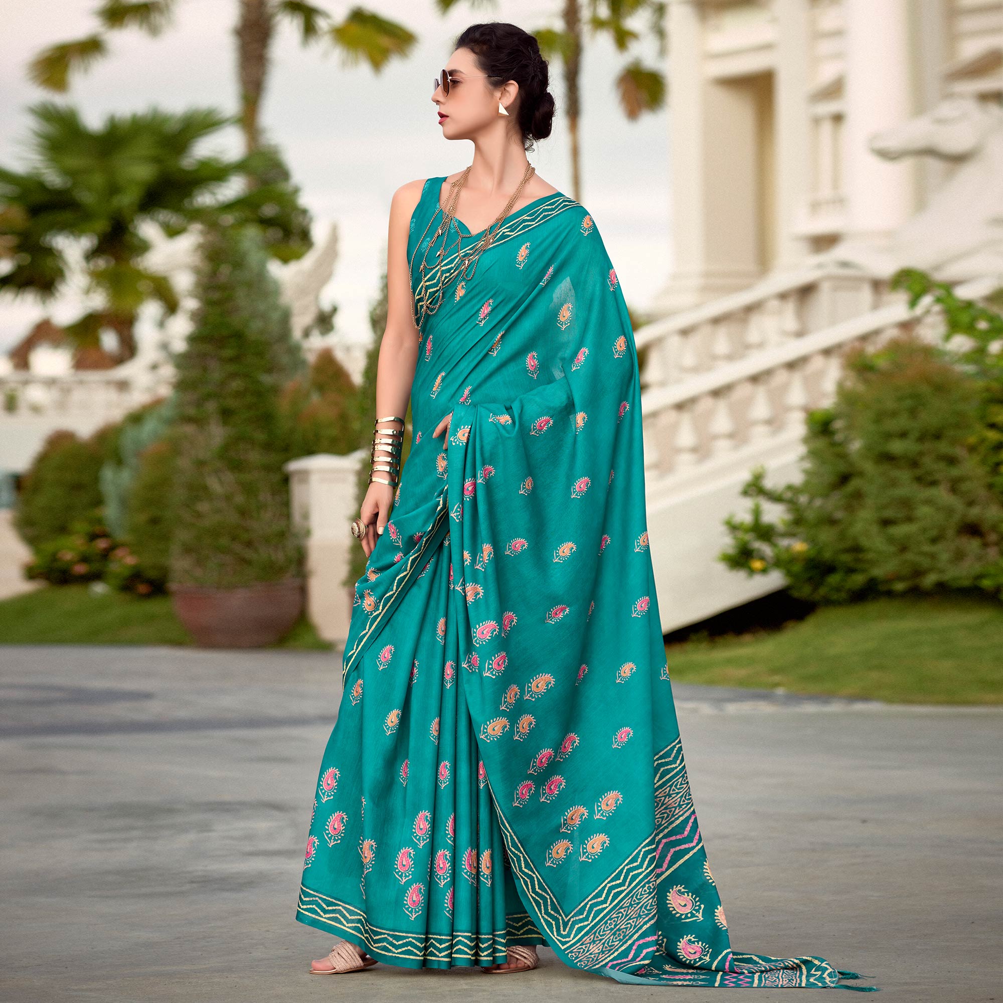 Rama Blue Printed Mul Pure Silk Saree