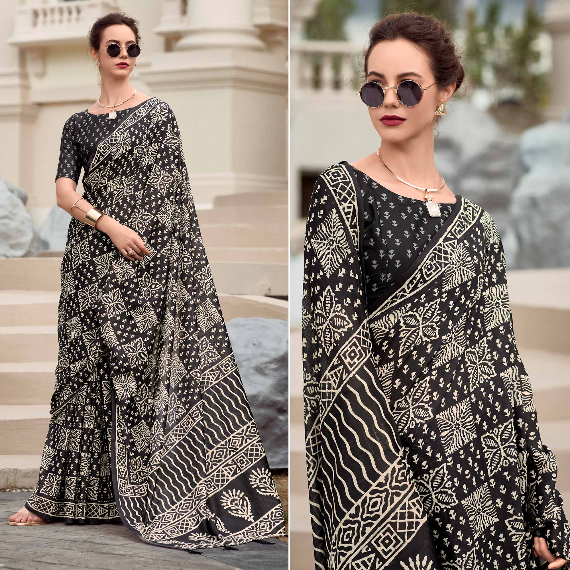 Black Floral Printed Mul Pure Silk Saree