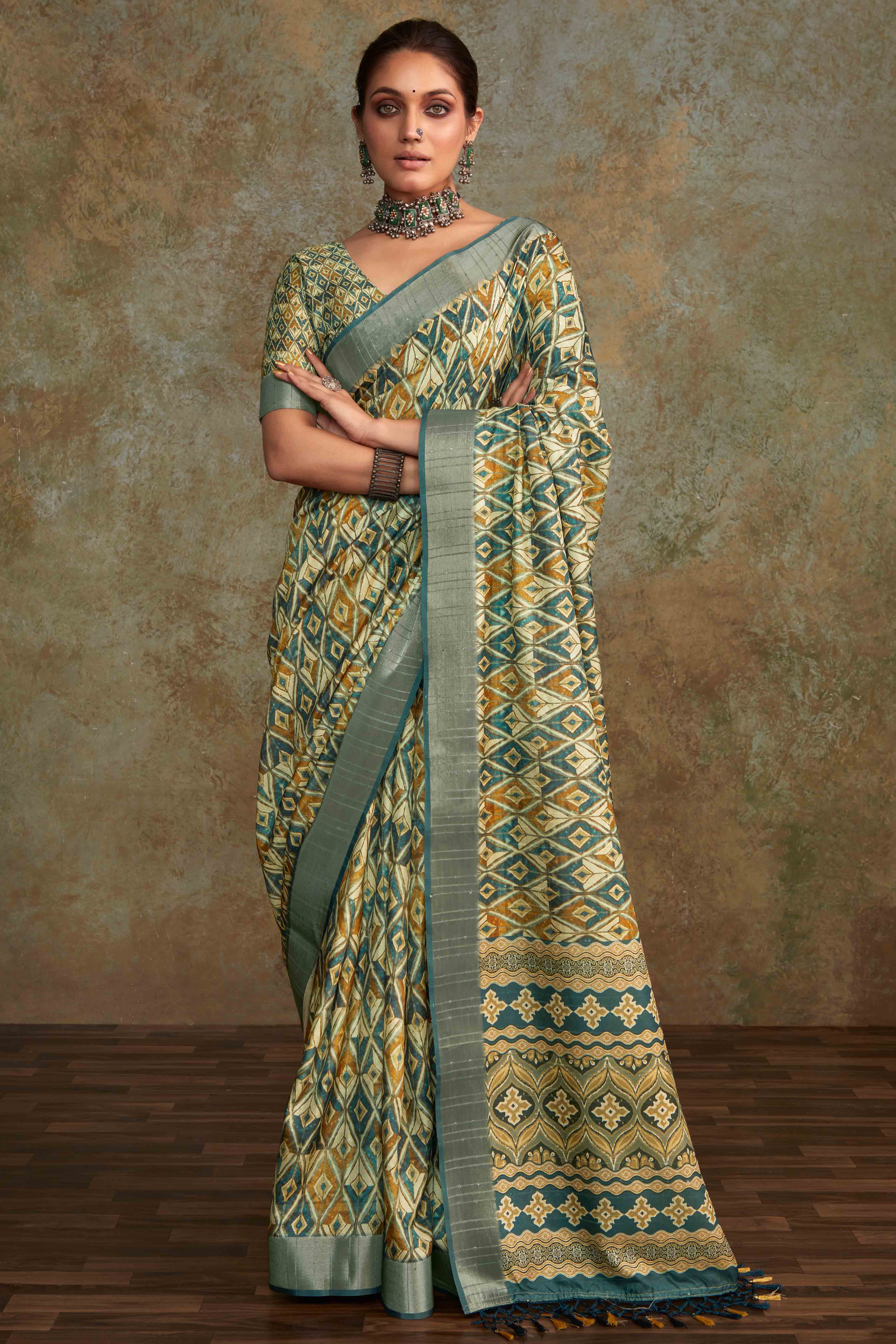 Green Geometric Printed Cotton Silk Saree