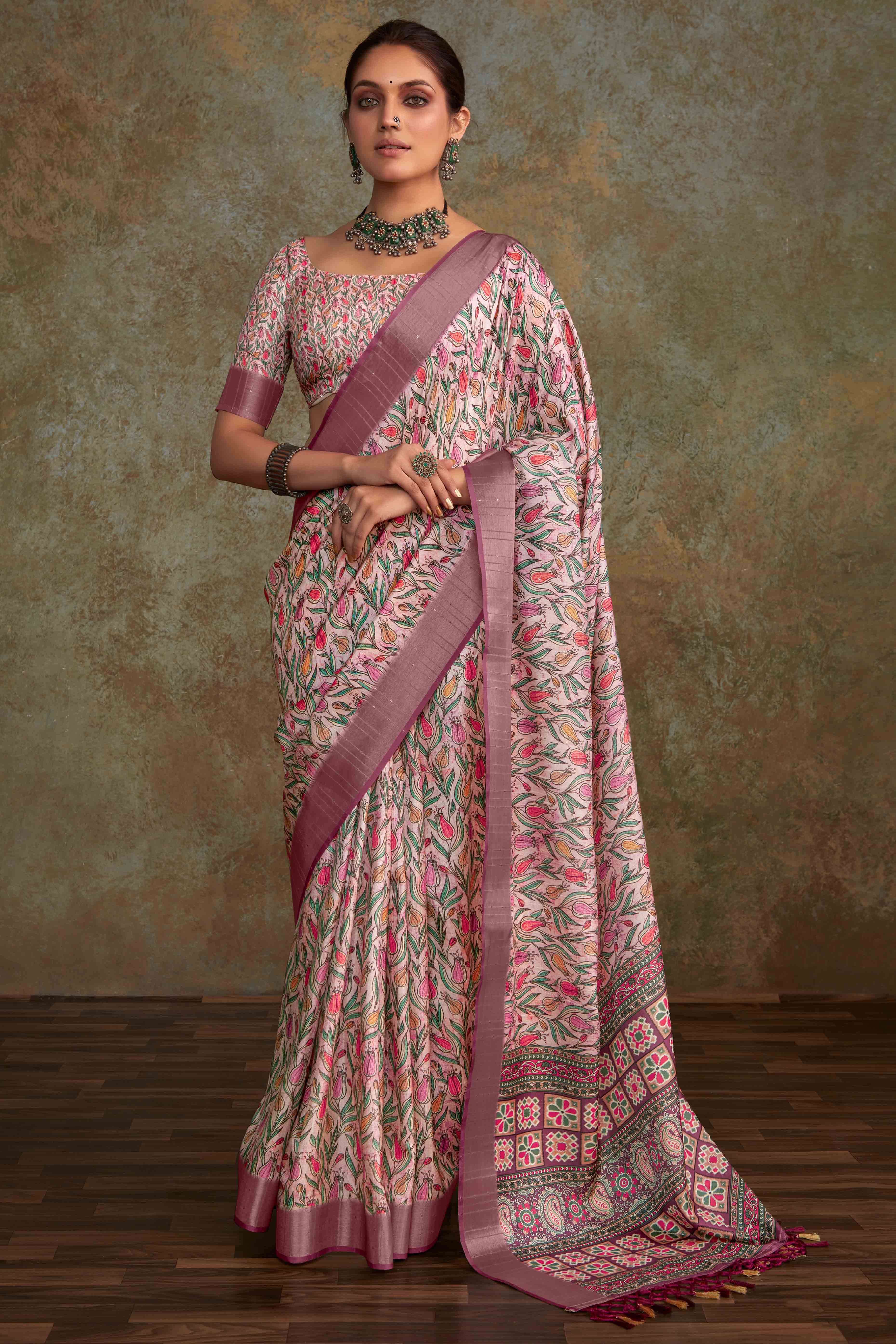 Pink Floral Printed Cotton Silk Saree