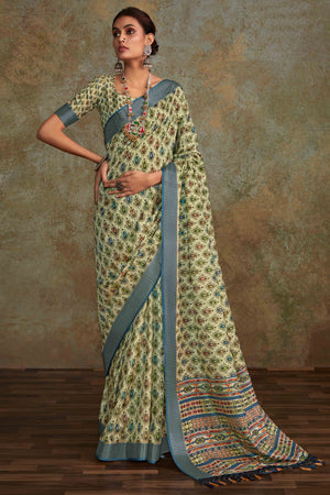 Green Floral Printed Cotton Silk Saree