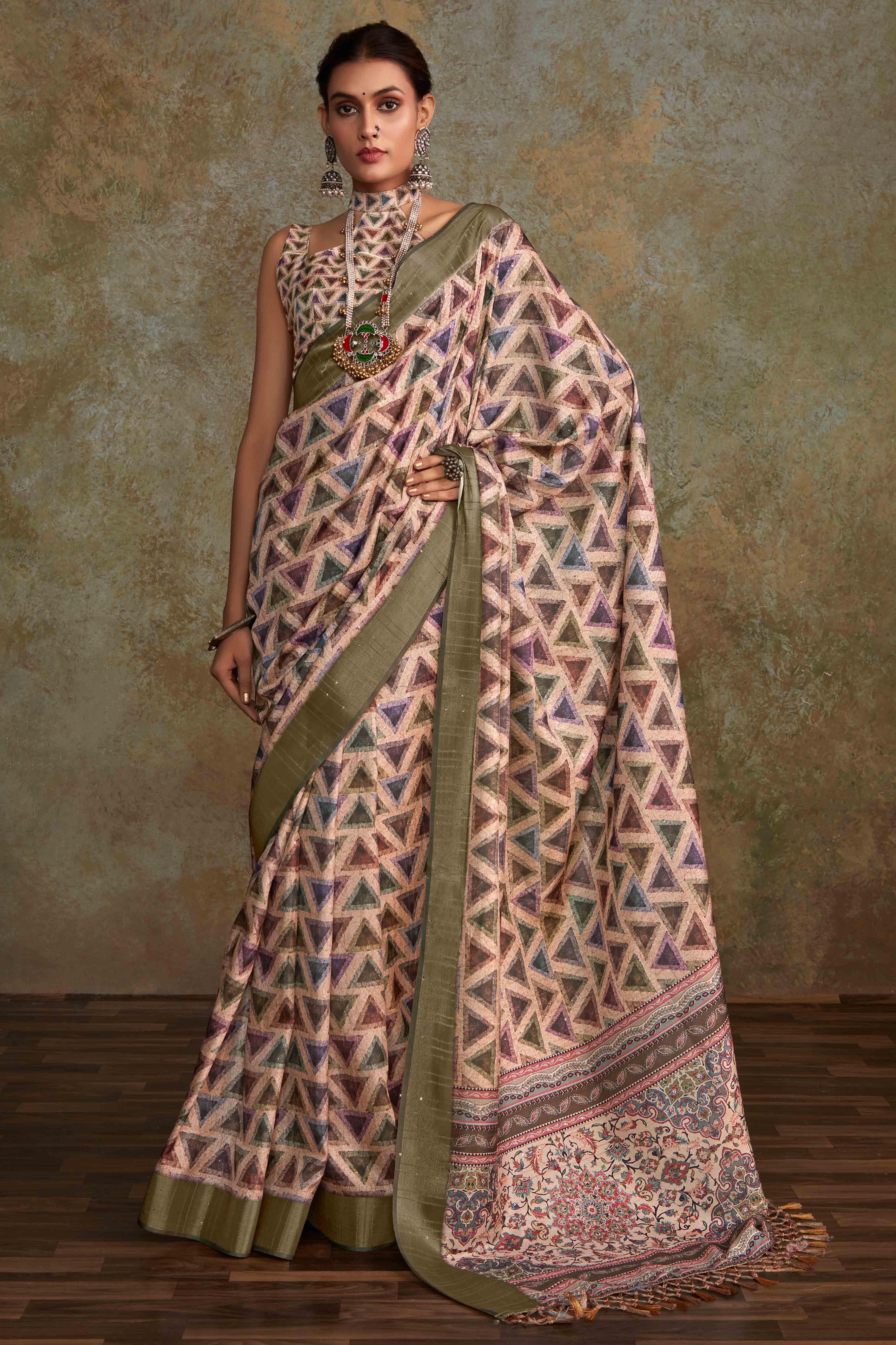 Peach Geometric Printed Cotton Silk Saree