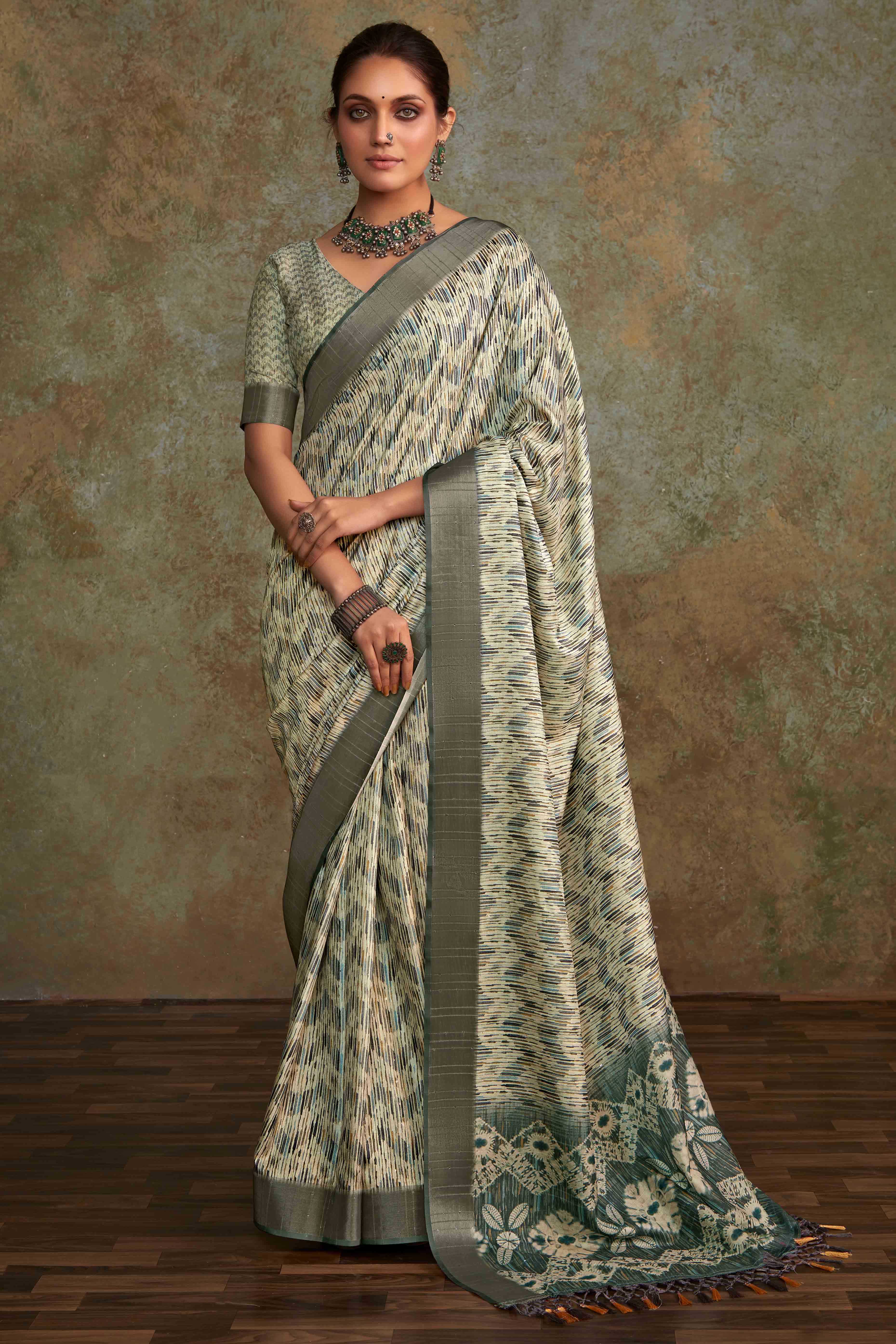 Sage Green Geometric Printed Cotton Silk Saree