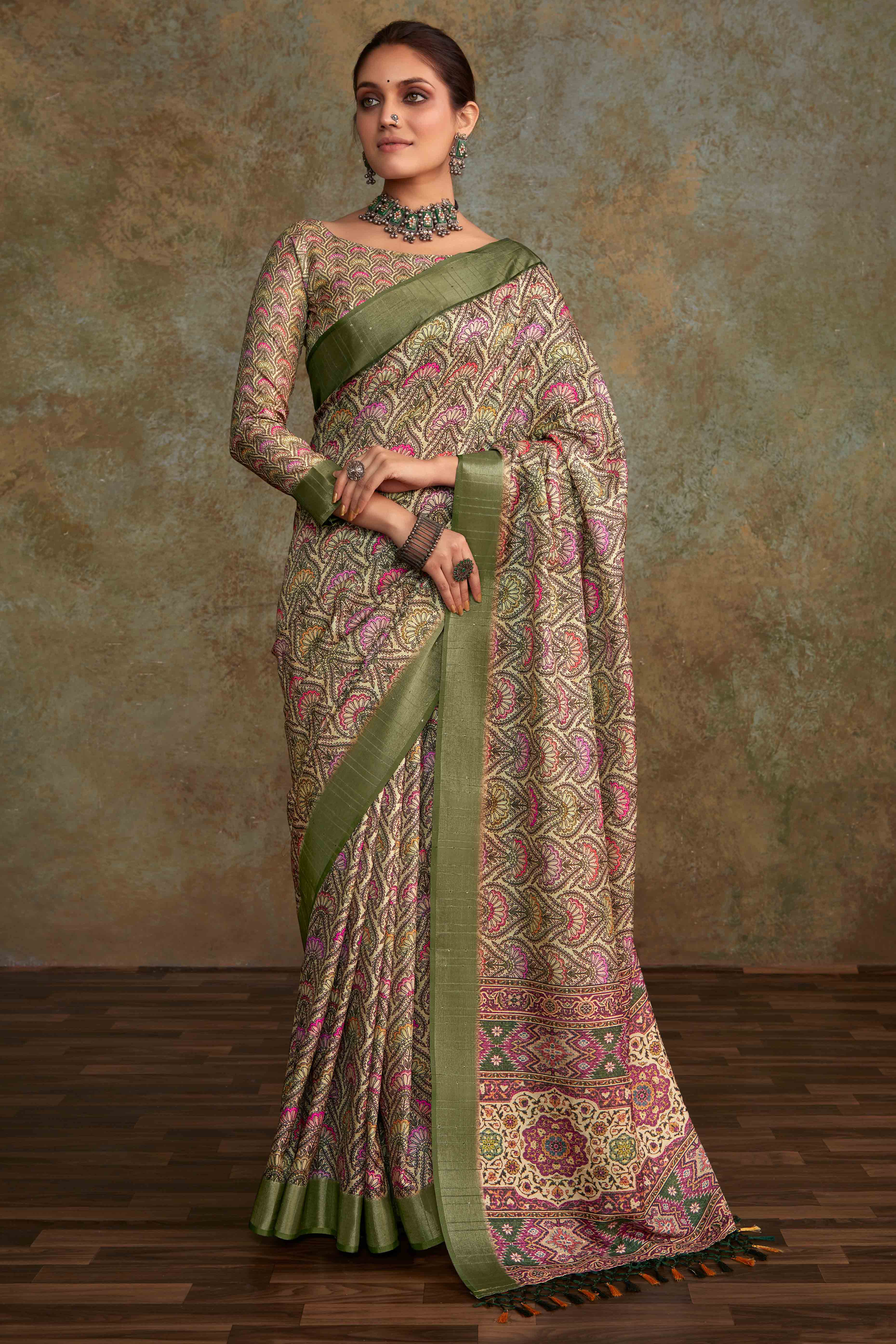 Green Floral Printed Cotton Silk Saree