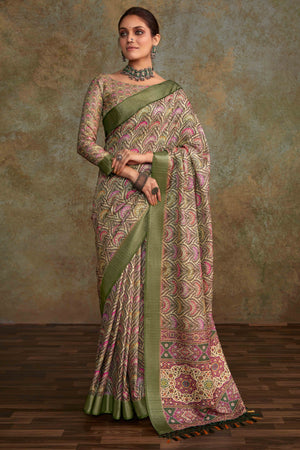 Green Floral Printed Cotton Silk Saree