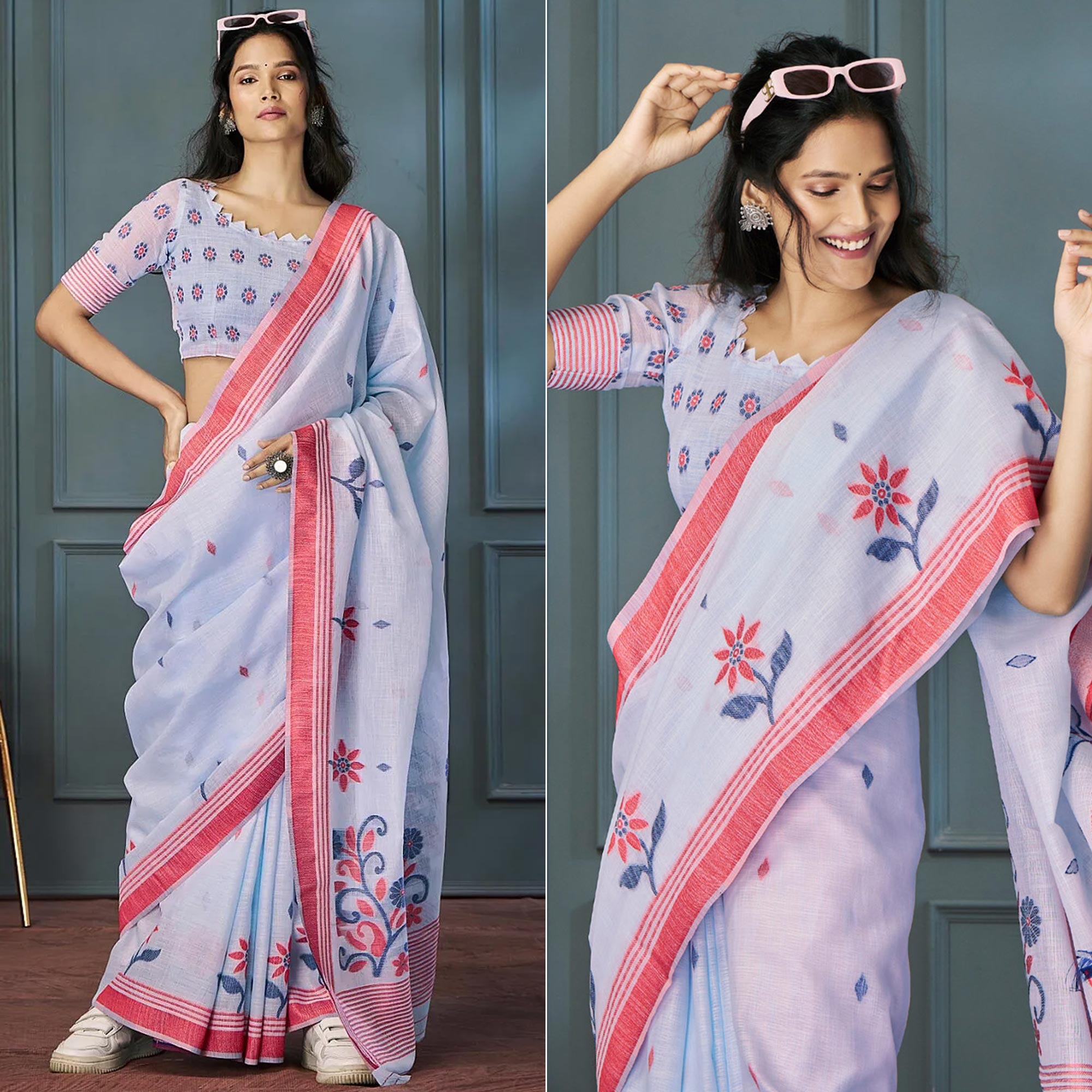 Blue Floral Woven linen Saree