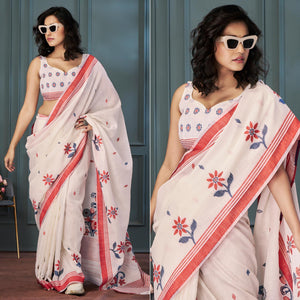 Off White Floral Woven linen Saree